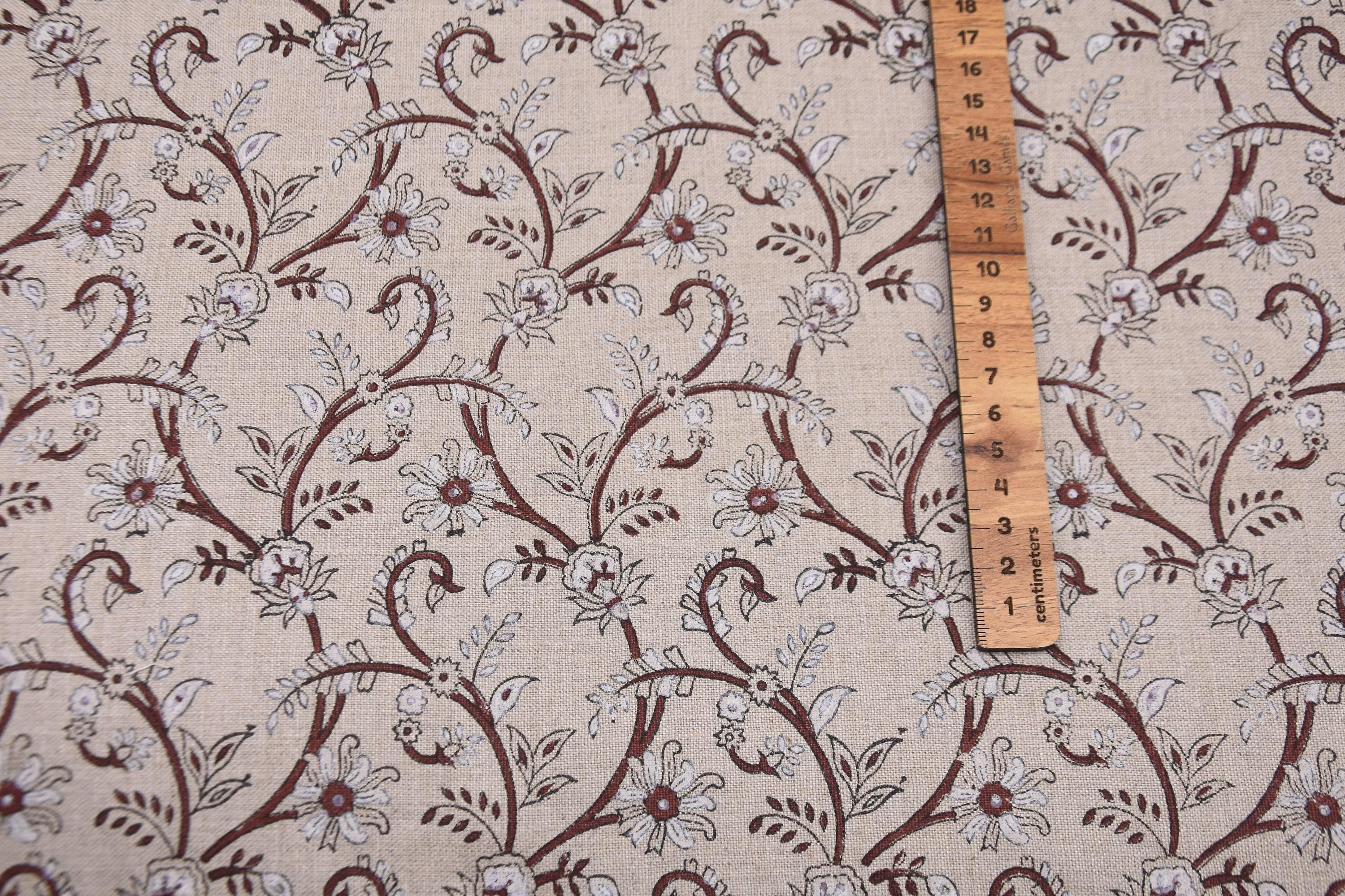 Traditional Handcrafted 100% Pure Linen Fabric with Brown Floral Block Printed for Curtains Indian Textiles – VARANASI