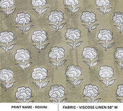 Fabric with white floral pattern on a beige background, labeled 'Rohini' and 'Viscose Linen 58" W'.
