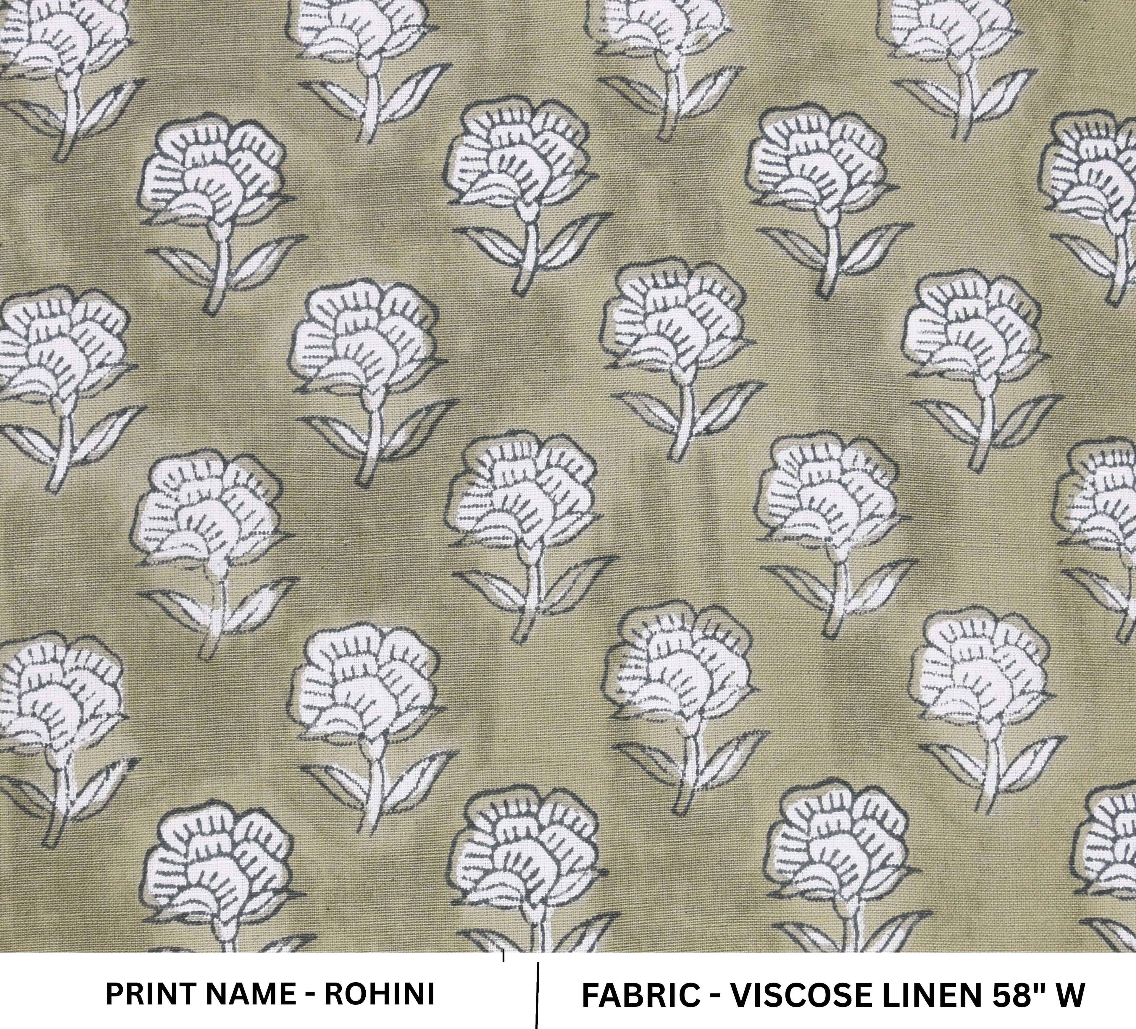 Fabric with white floral pattern on a beige background, labeled 'Rohini' and 'Viscose Linen 58" W'.