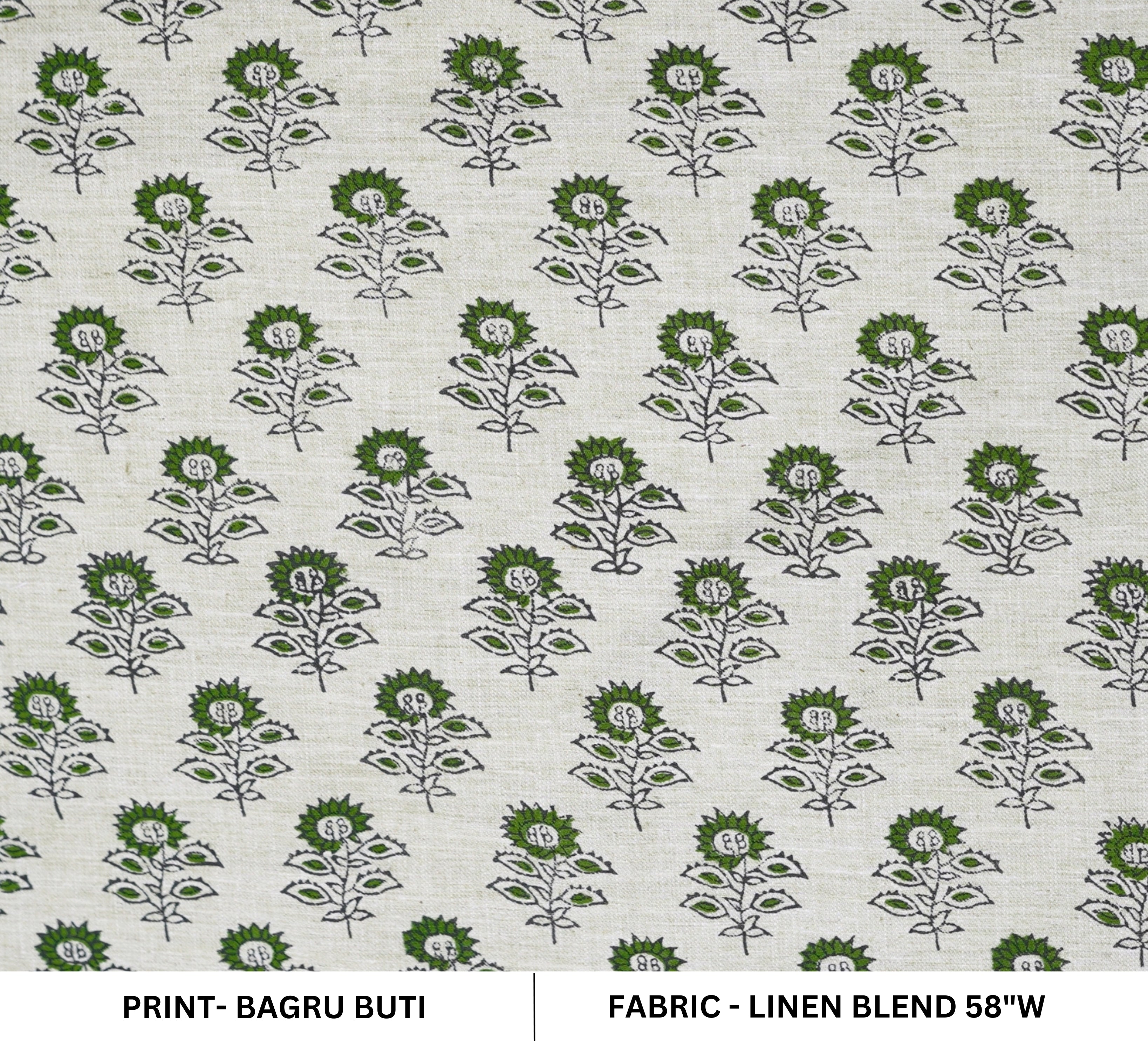 Handmade Floral Green Linen Blend Fabric Traditional - Bagru Buti Print