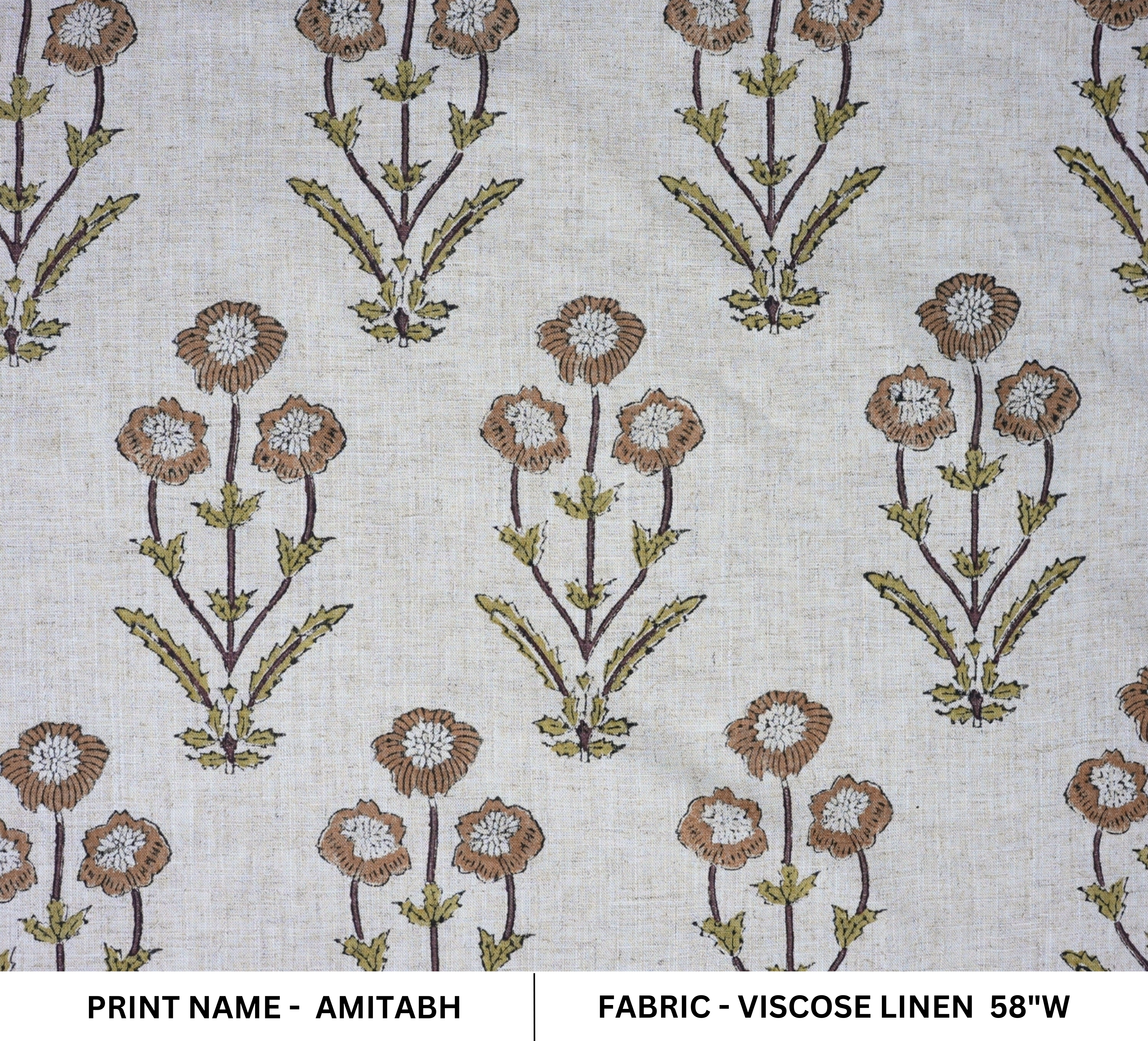 Handmade Floral Viscose Linen Fabric in Artisanal Block Print - Amitabh Brown