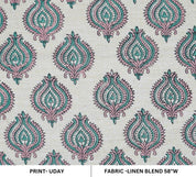 Handmade Boho Block Print on Soft Linen Blend Pink Floral Fabric - Uday