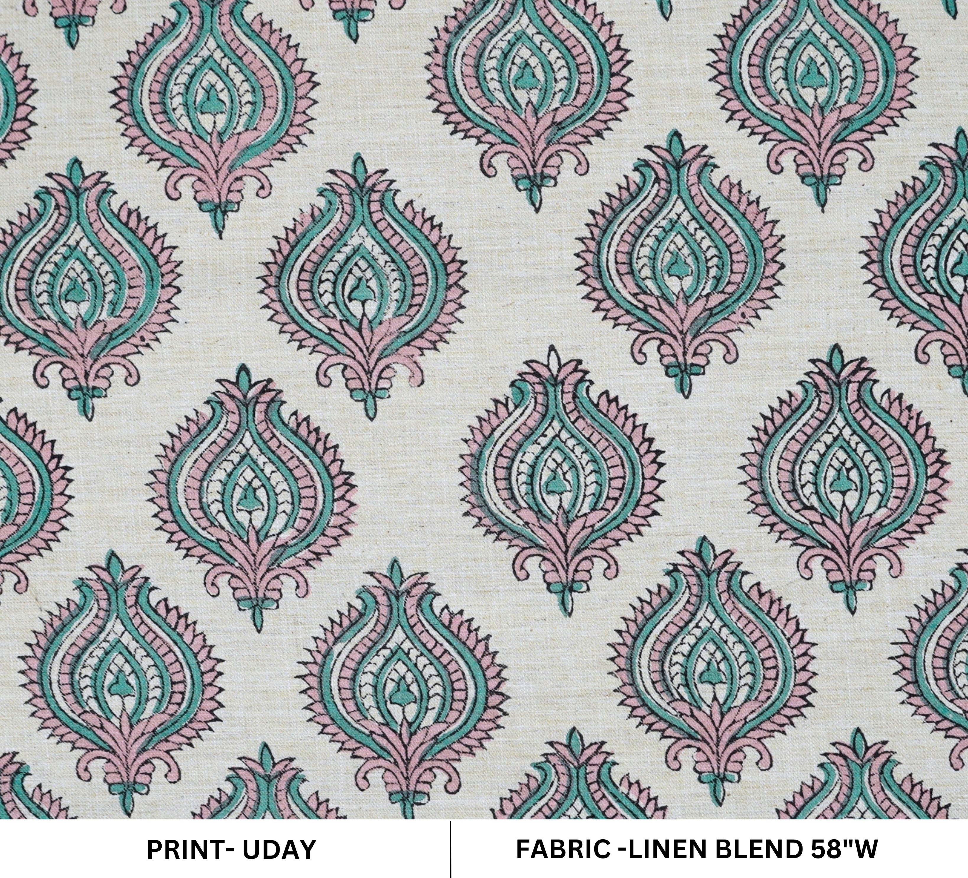 Handmade Boho Block Print on Soft Linen Blend Pink Floral Fabric - Uday