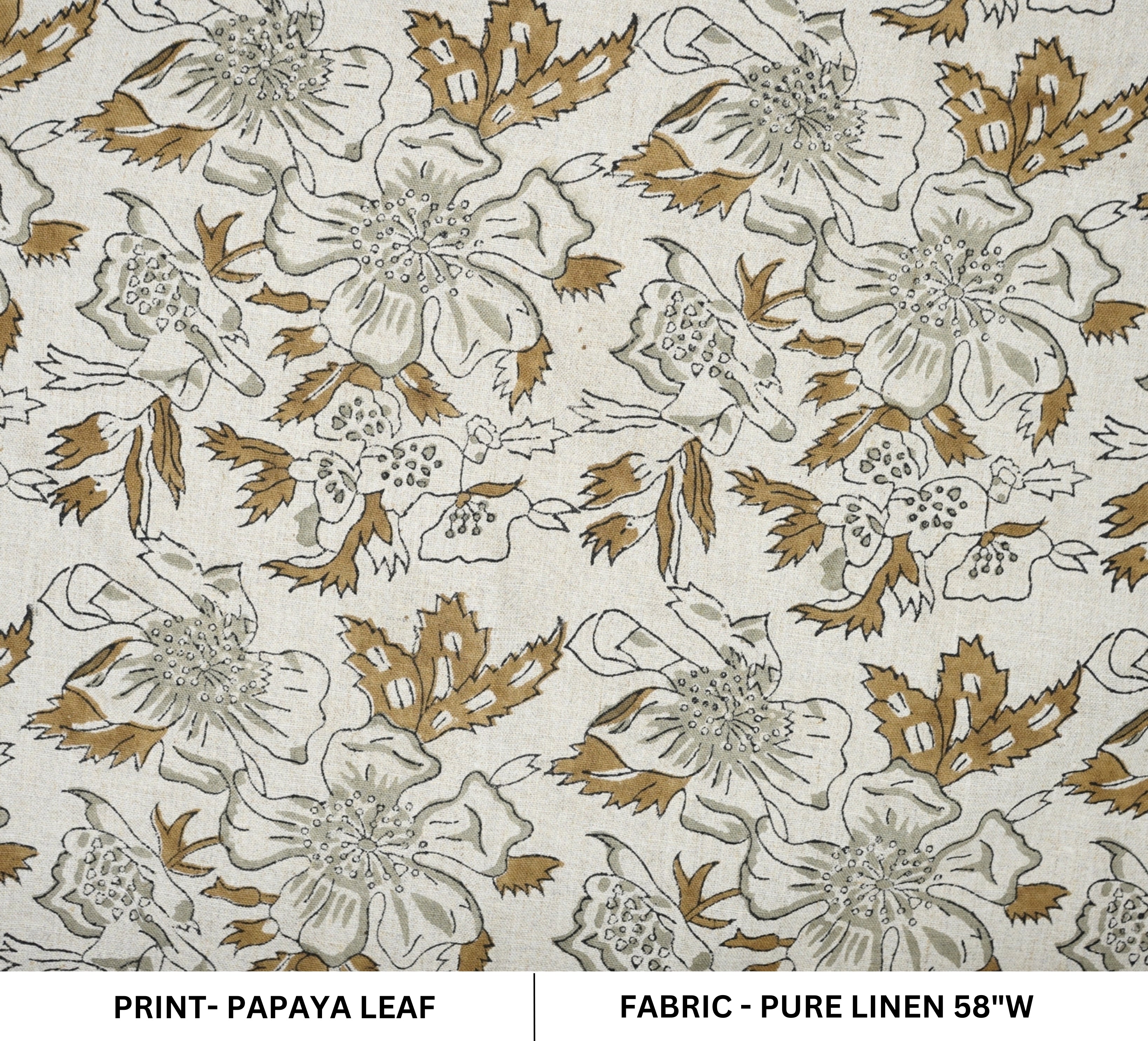 Artisanal Brown Floral Pure Linen Fabric Comfortable Block Printed - Papaya Leaf Design