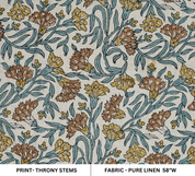 Artisanal Block Printed Boho Style Pure Linen Fabric Elegant Brown Floral with Thorny Stems