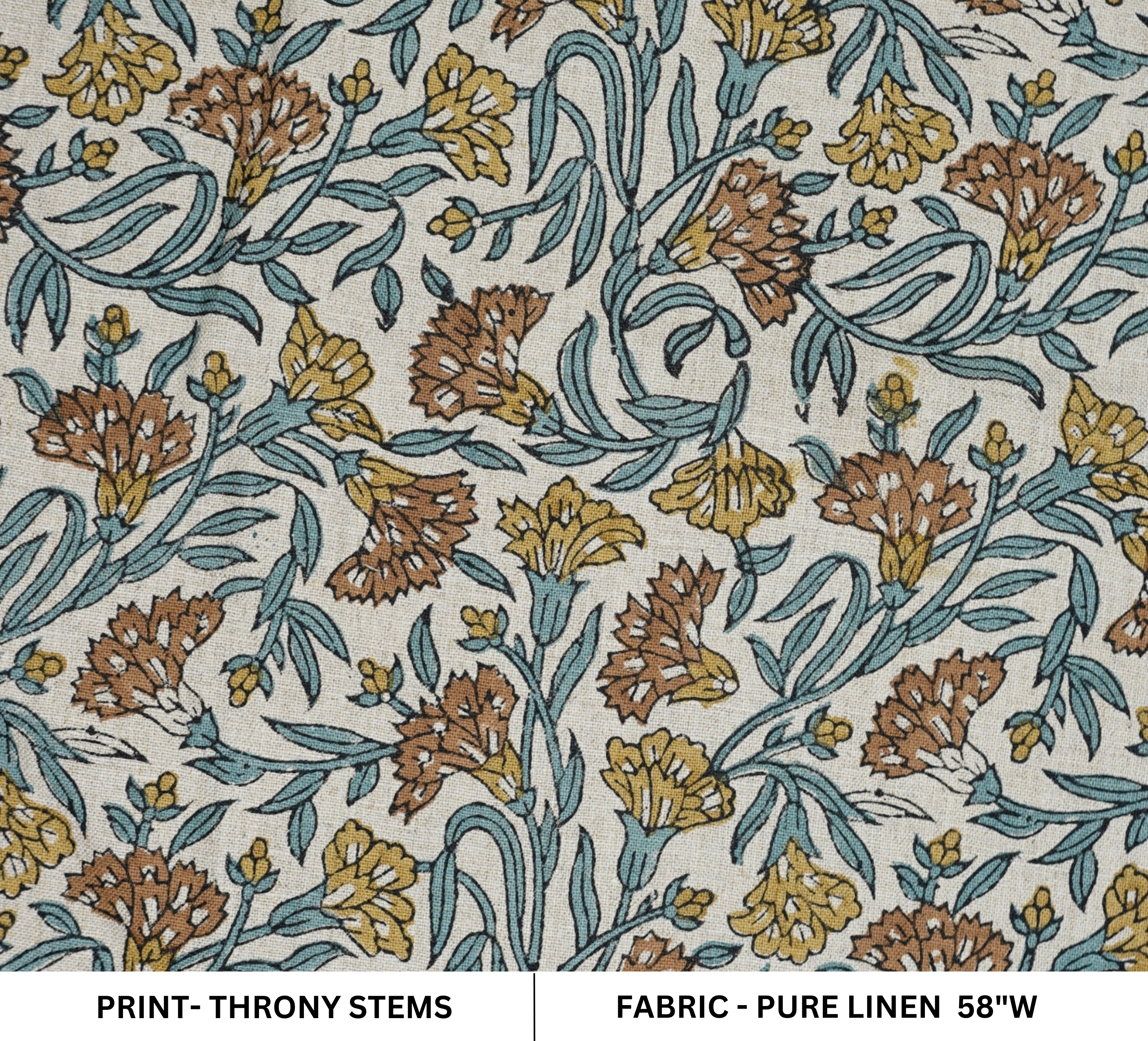 Artisanal Block Printed Boho Style Pure Linen Fabric Elegant Brown Floral with Thorny Stems