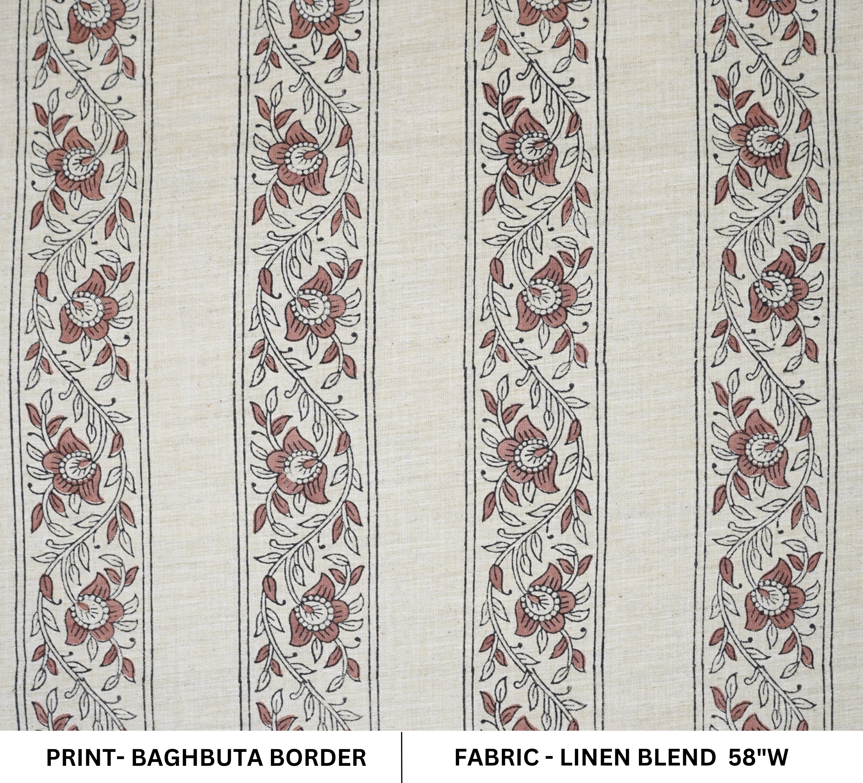 Artisanal Brown Linen Blend Fabric Boho Floral for Drapes - Bagh Buta Border