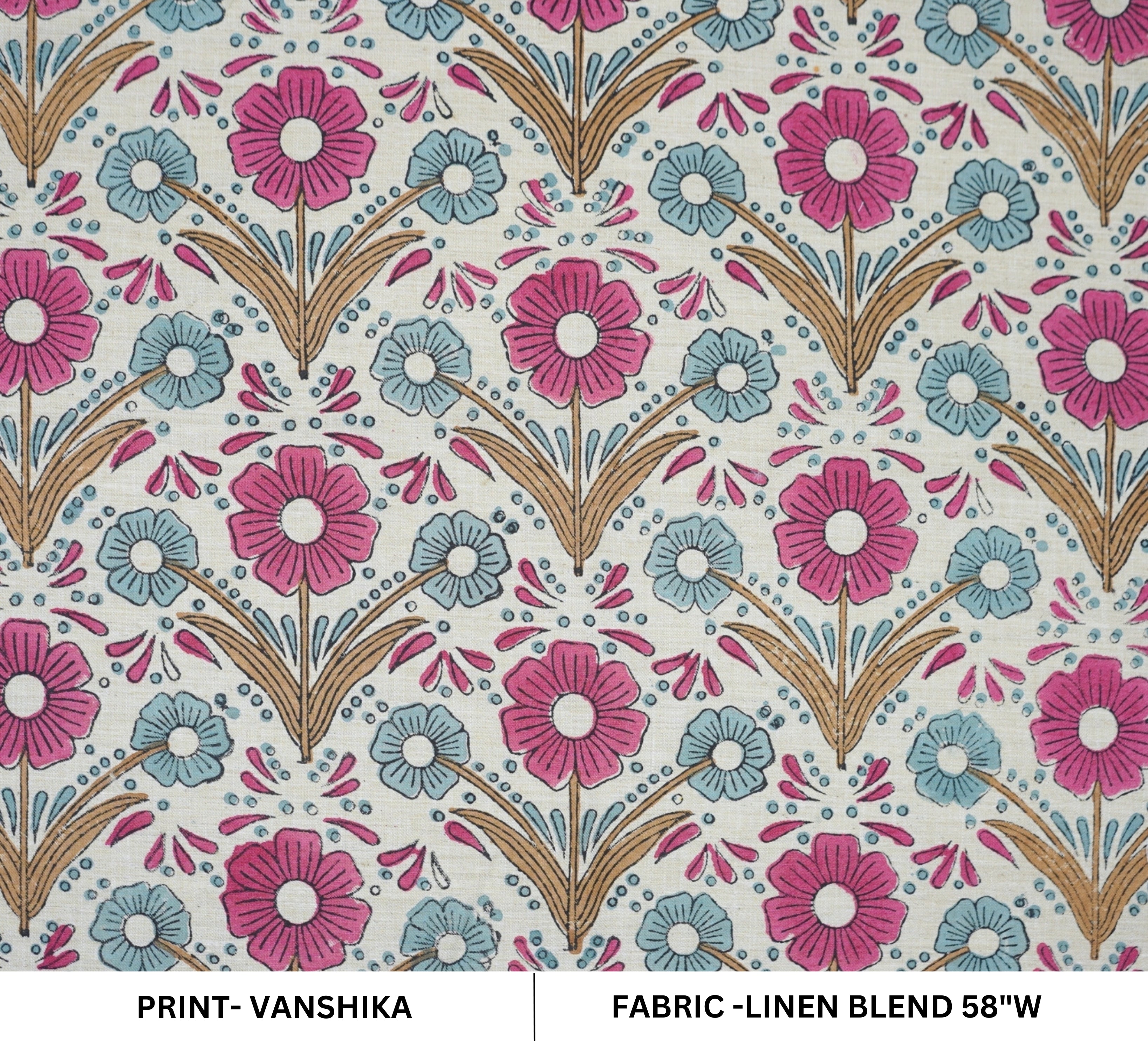 Handprinted Pink Floral Linen Blend Fabric Soft Touch for Cushions & Curtains - Vanshika