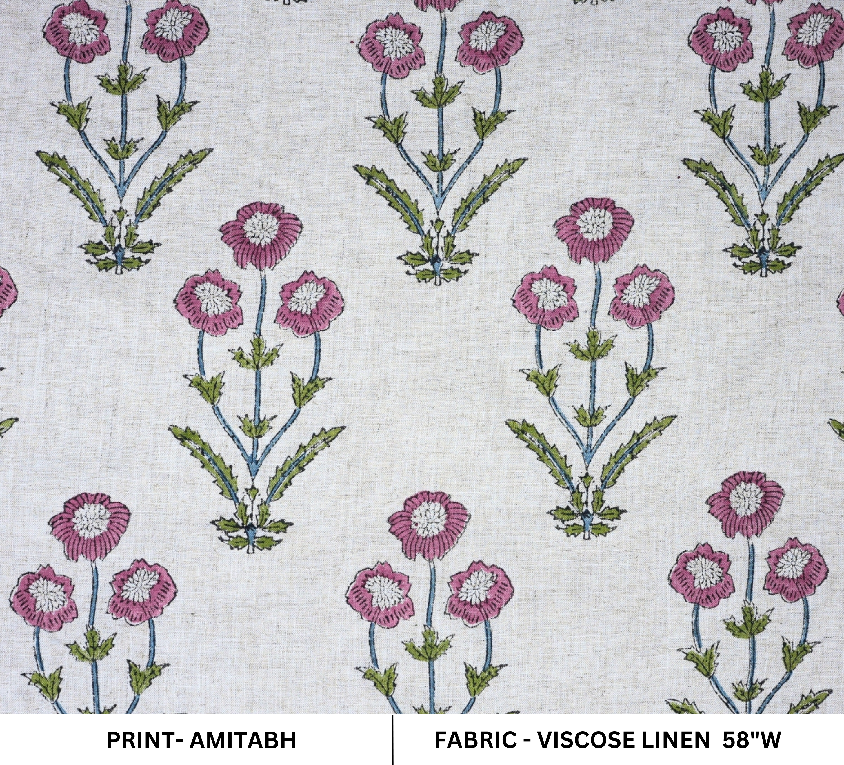 Hand Stamped Block Printed Boho Floral Viscose Linen Cushion Fabric - Amitabh Pink