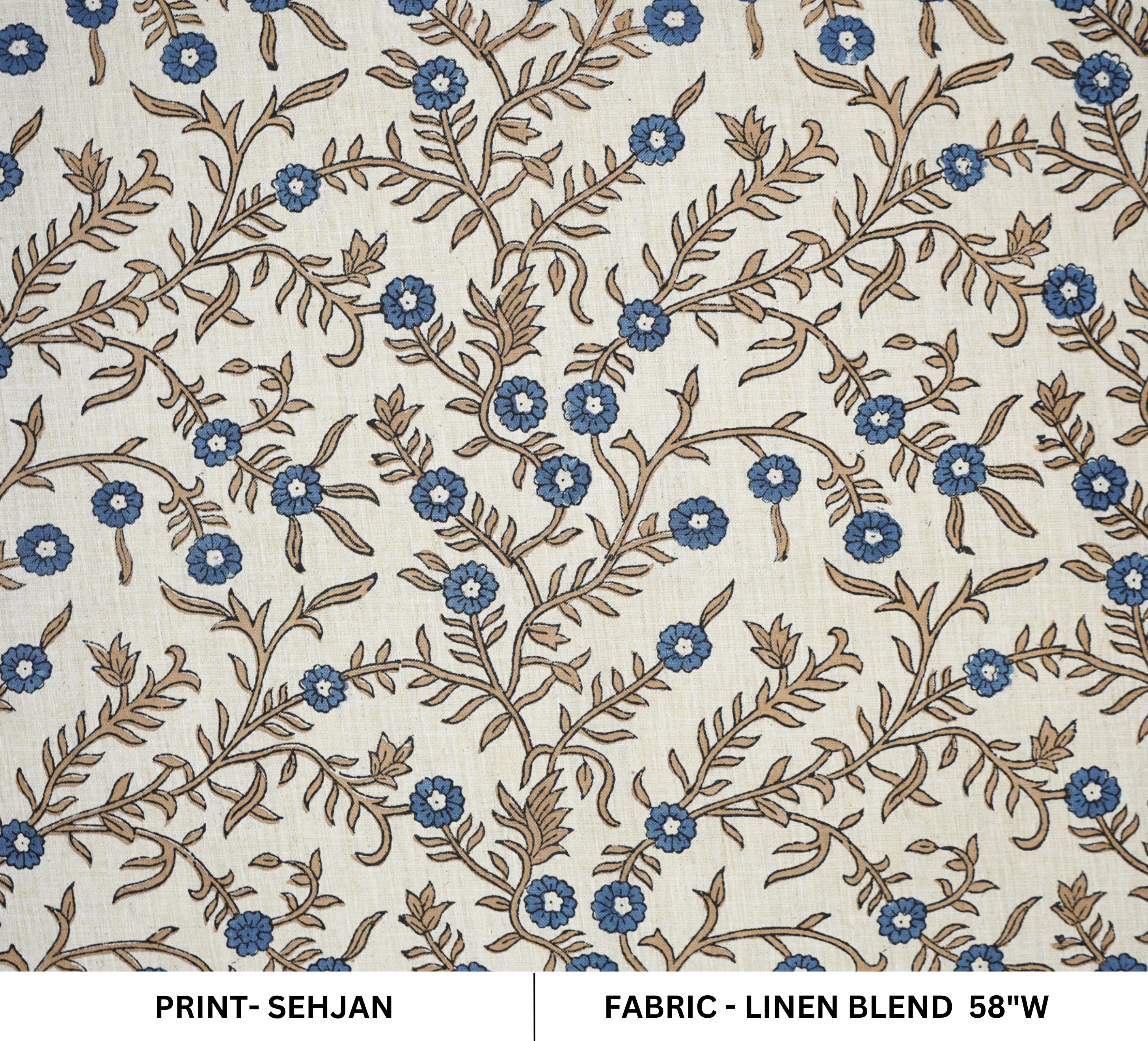 Handblock Printed Blue Floral Fabric Shehjan Design on Soft Linen Blend