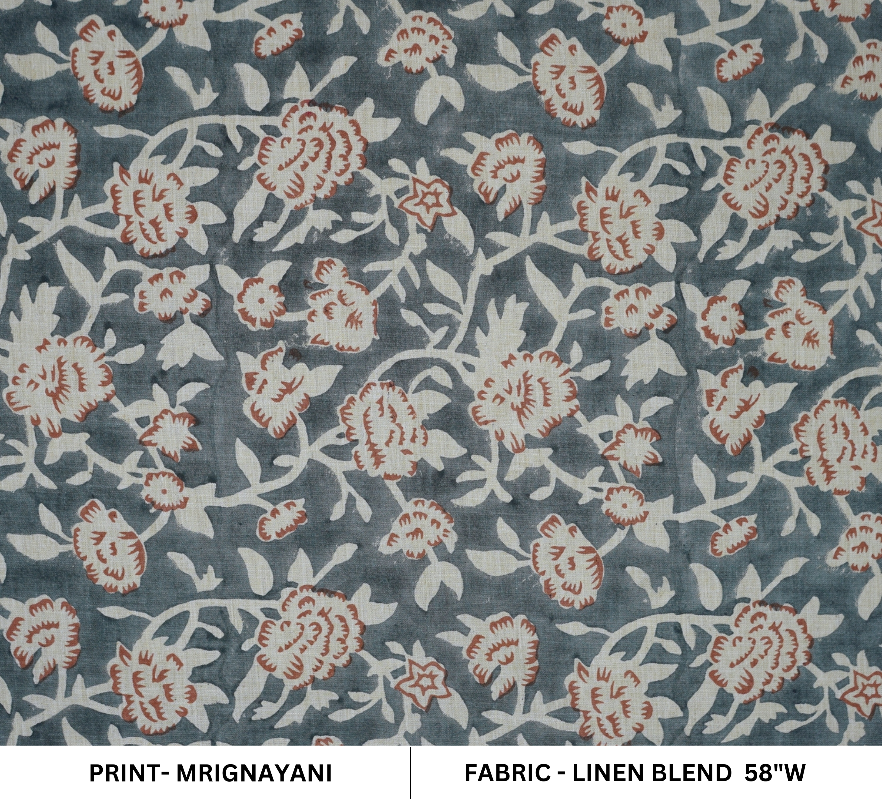 Gray Home Fabric Boho Floral Block Print Lightweight Feel on Linen Blend - Mrignayani