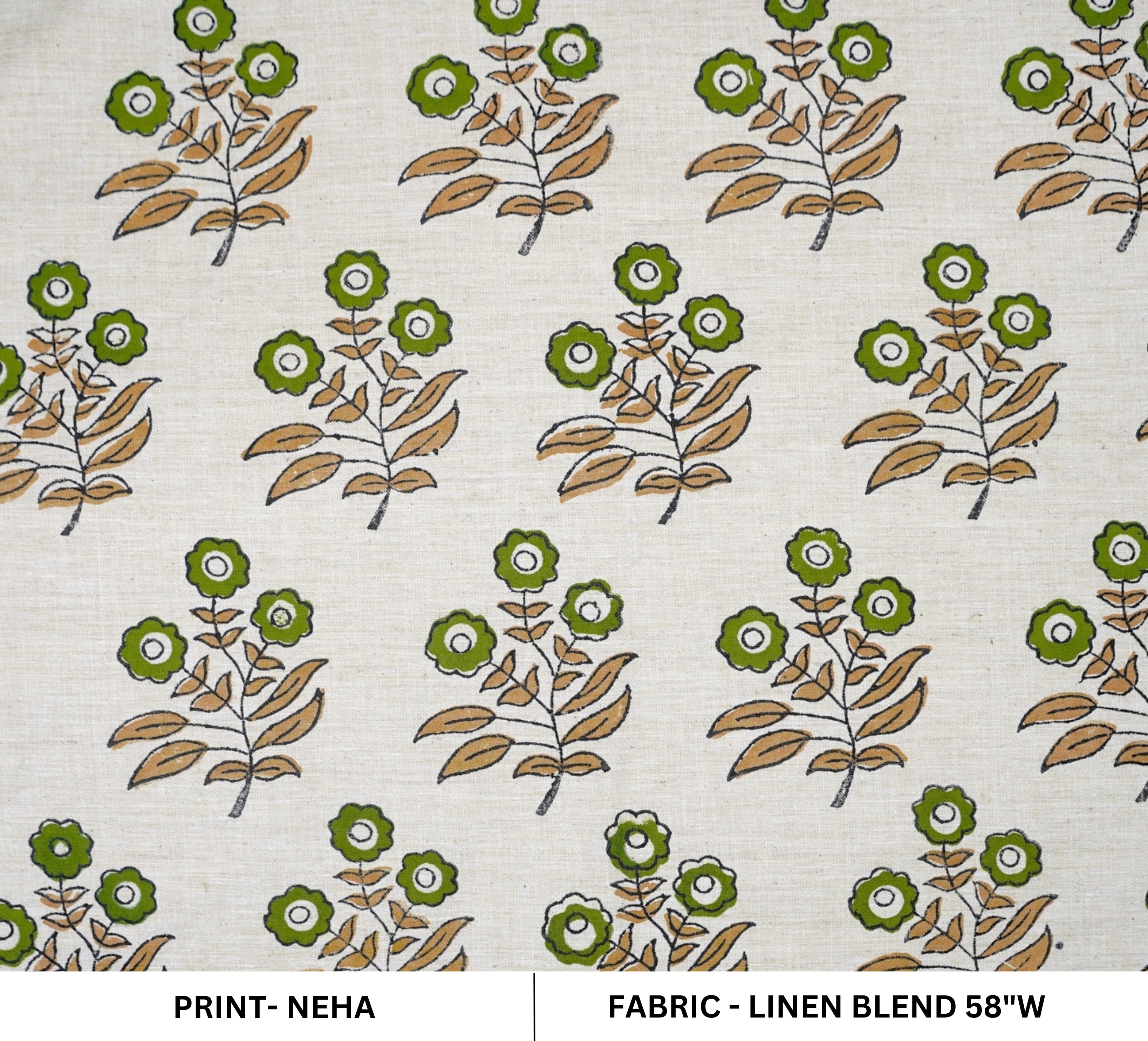 Handprinted Soft Linen Blend Fabric Boho Green Floral Design - Neha