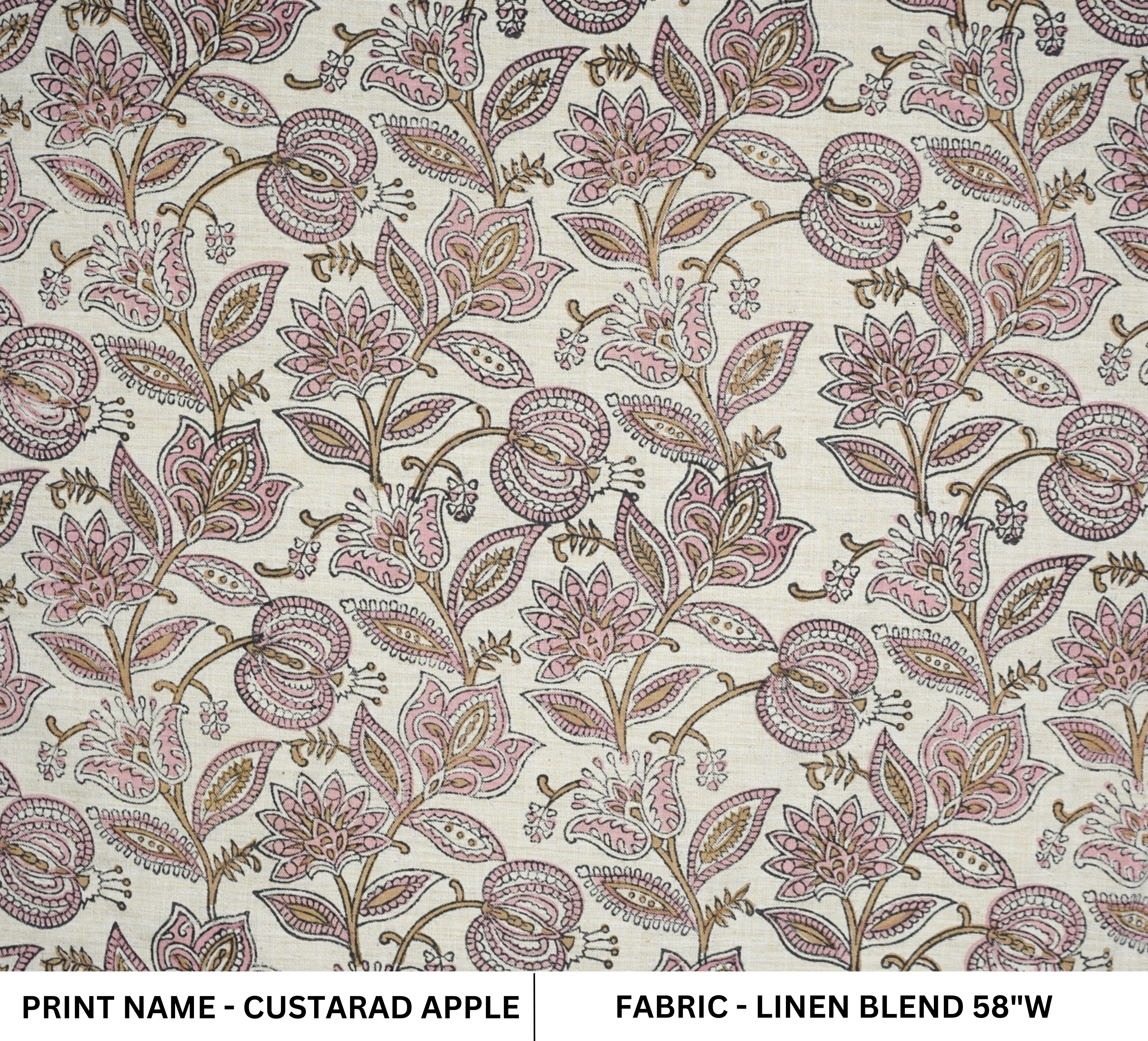 Handmade Indian Block Printed  Pink Floral Linen Blend Fabric – Custard Apple