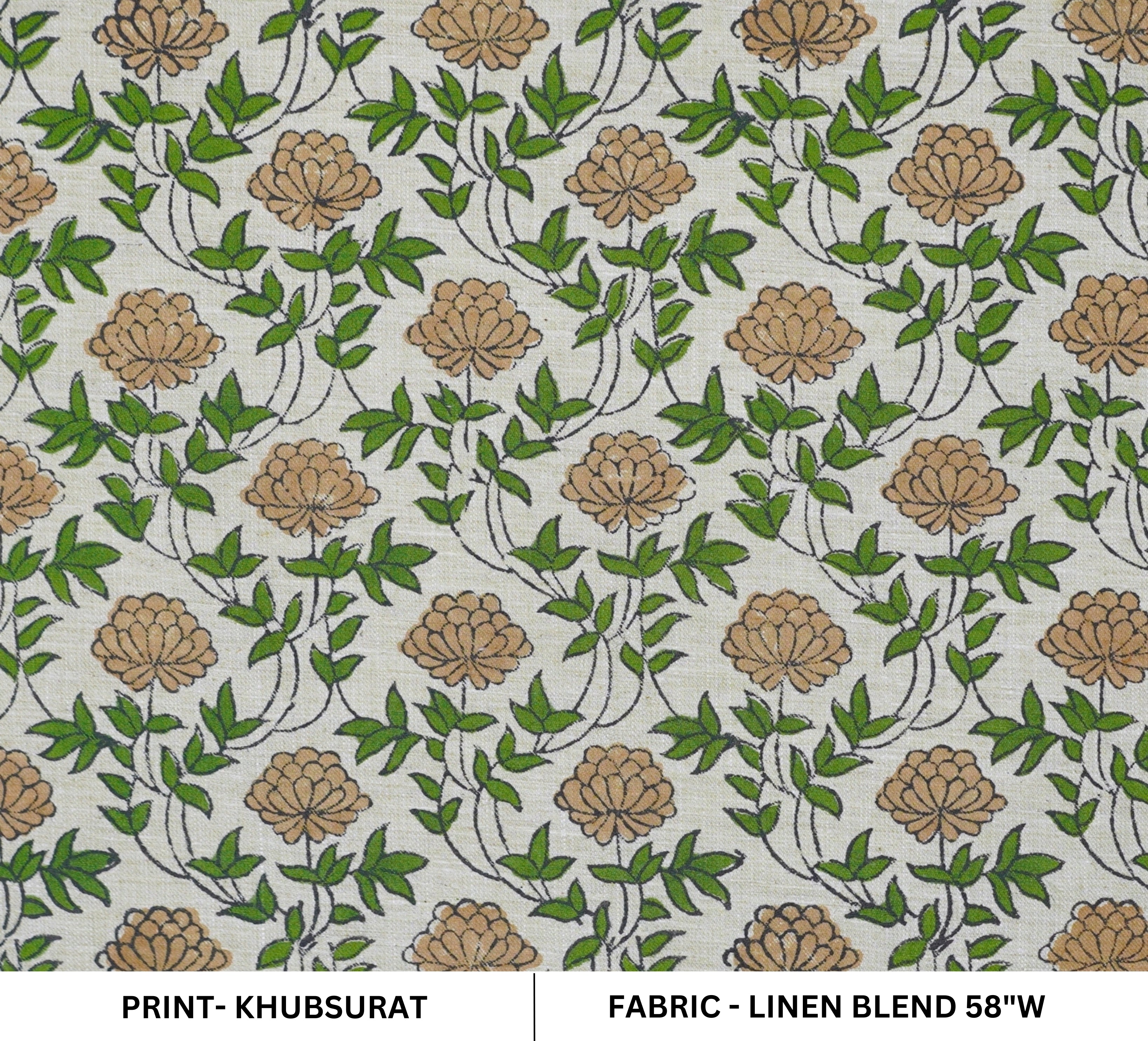 Handcrafted Fabric Khubsurat Boho Flower Print on Green Linen Blend
