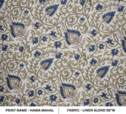 Handblock Print Blue Floral Linen Blend Fabric Hawa Mahal Curtain Textile