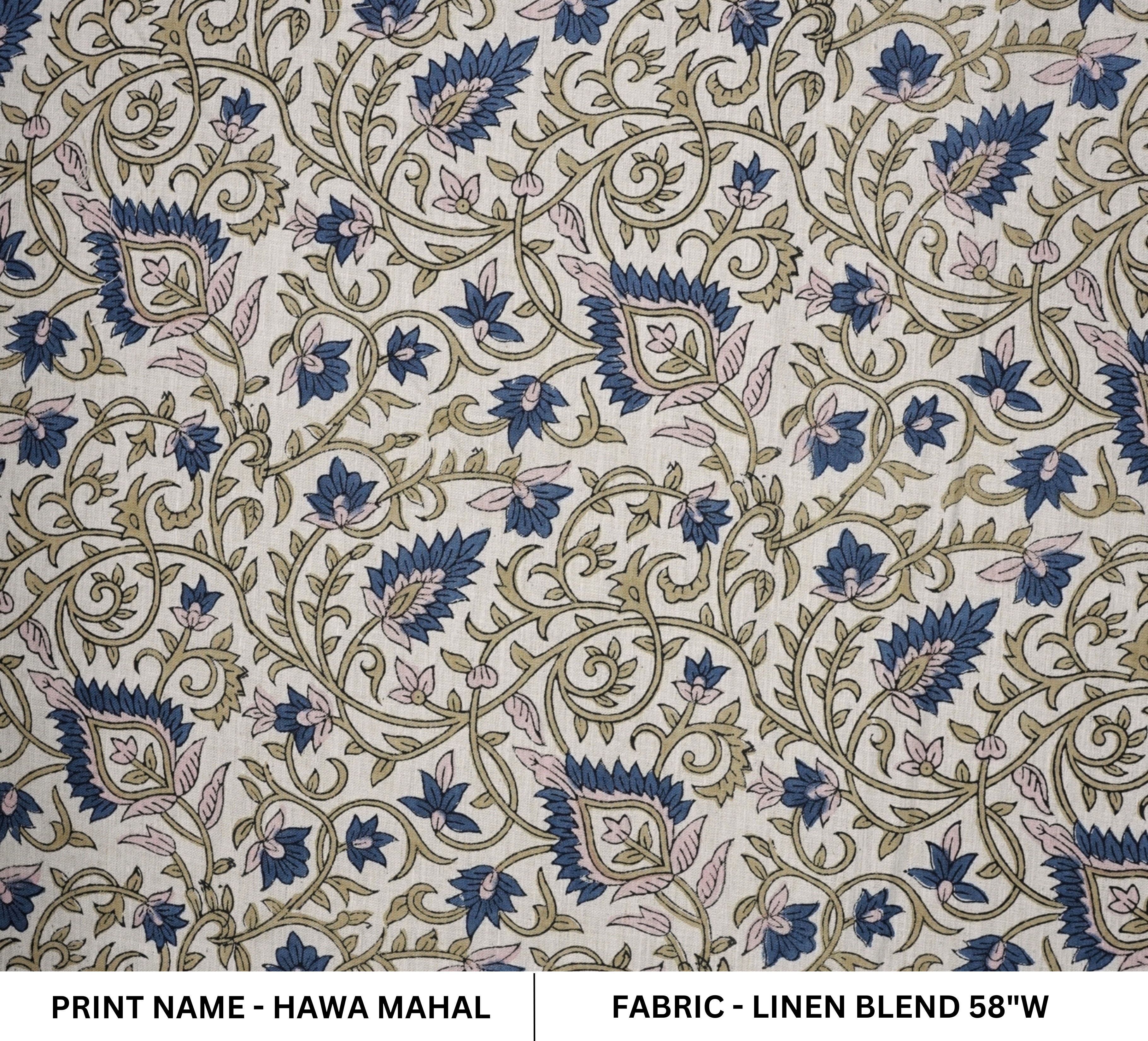 Handblock Print Blue Floral Linen Blend Fabric Hawa Mahal Curtain Textile