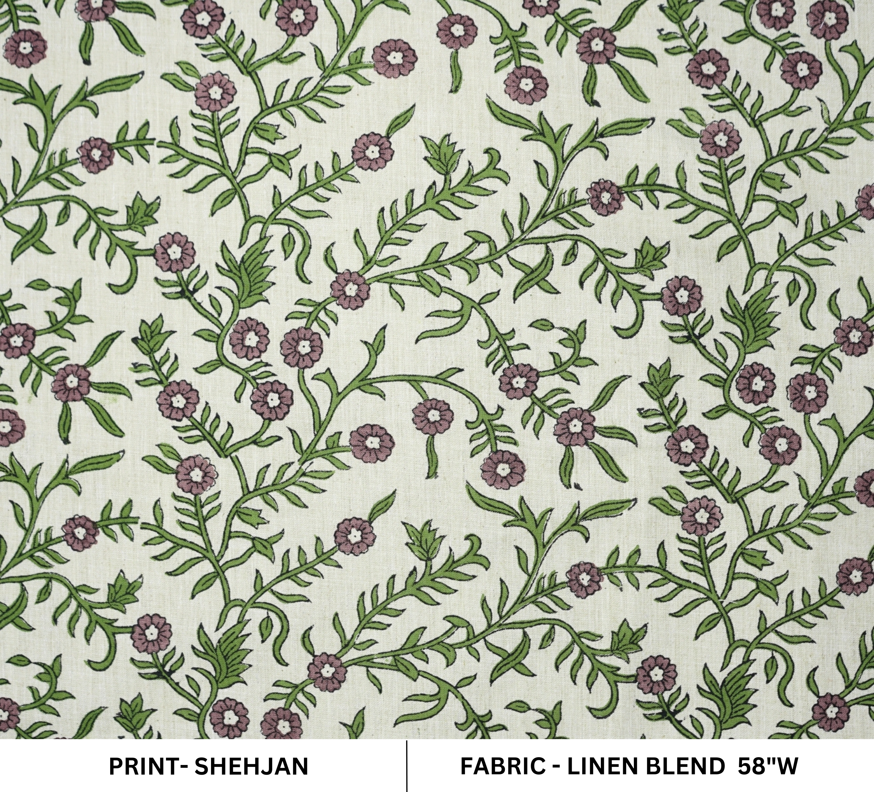 Indian Hand Block Printed Soft Fabric Green Floral on Linen Blend - Shehjan