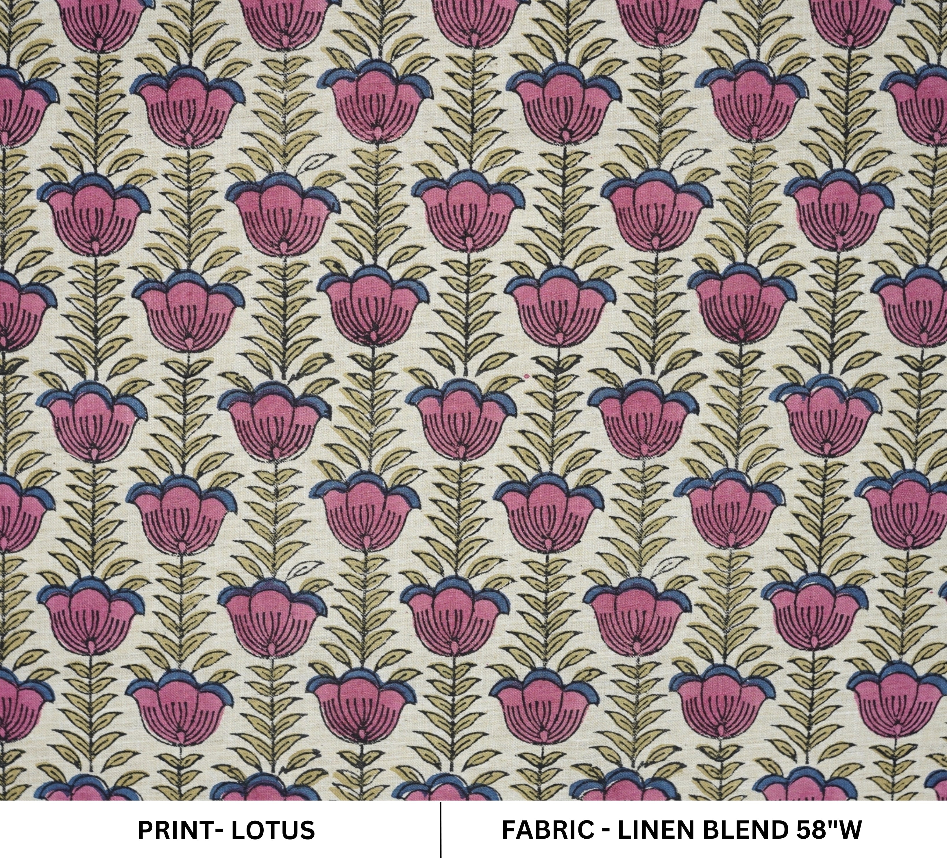 Hand Block Printed Boho Lotus Pink Floral Fabric on Linen Blend (58" Width)