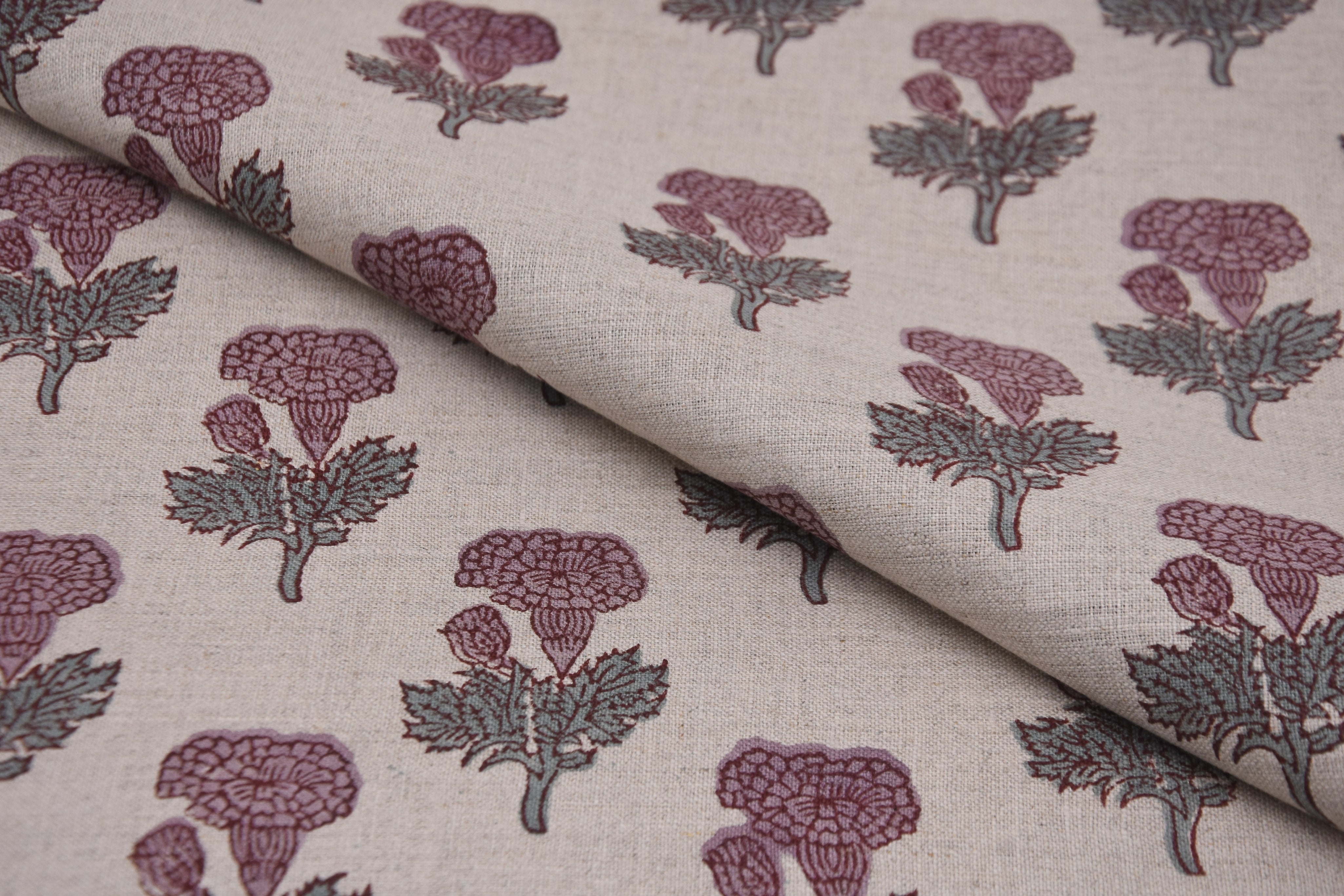 Floral block print pure linen 58" wide, handmade block print fabric for window curtain, sofa cover, table cloth, upholstery linen - MANMOHAN