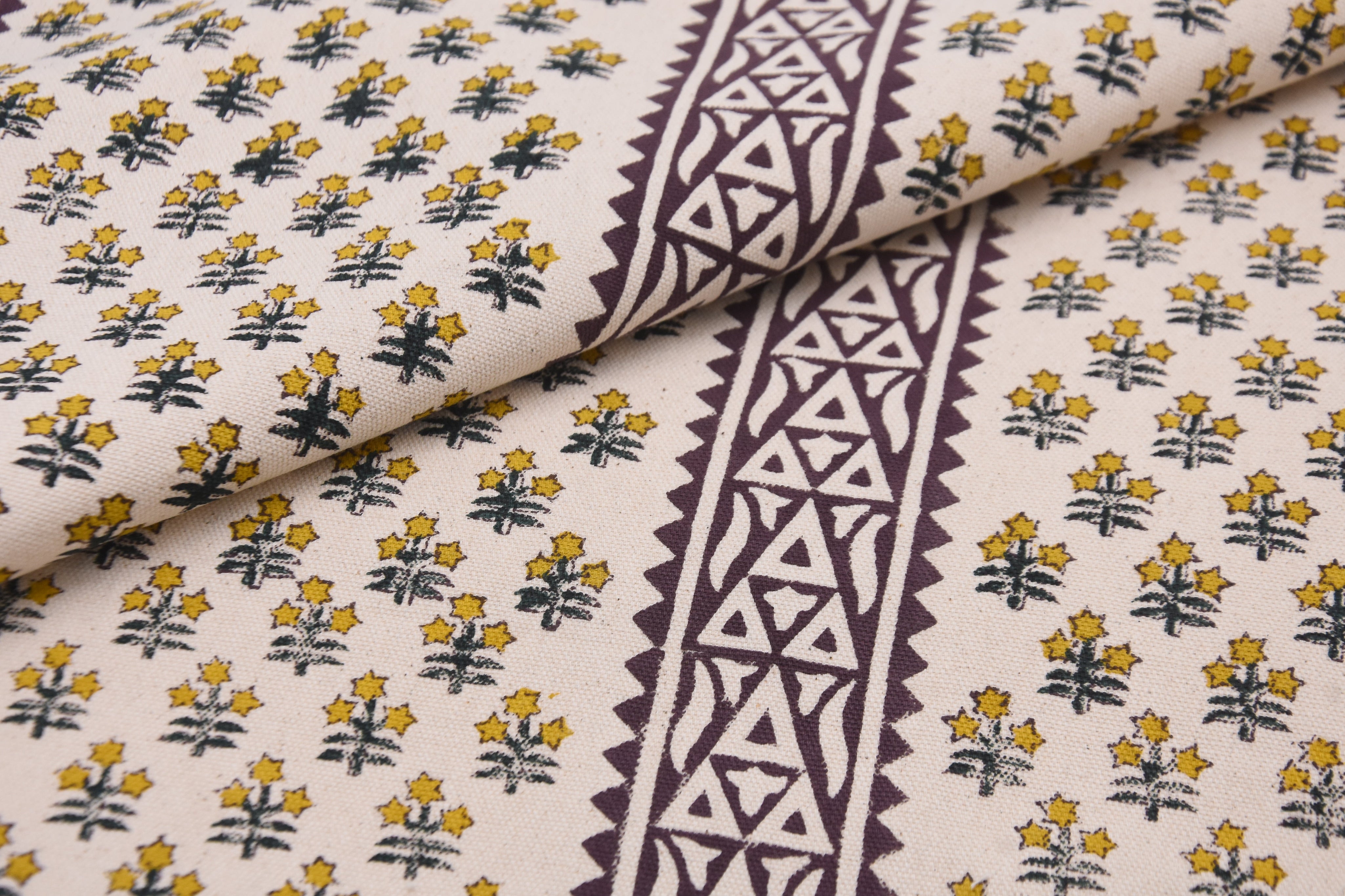 Block print duck canvas 50" wide, handmade art, cushion fabric, Indian block print, linen pillow covers - KESARIYA BORDER