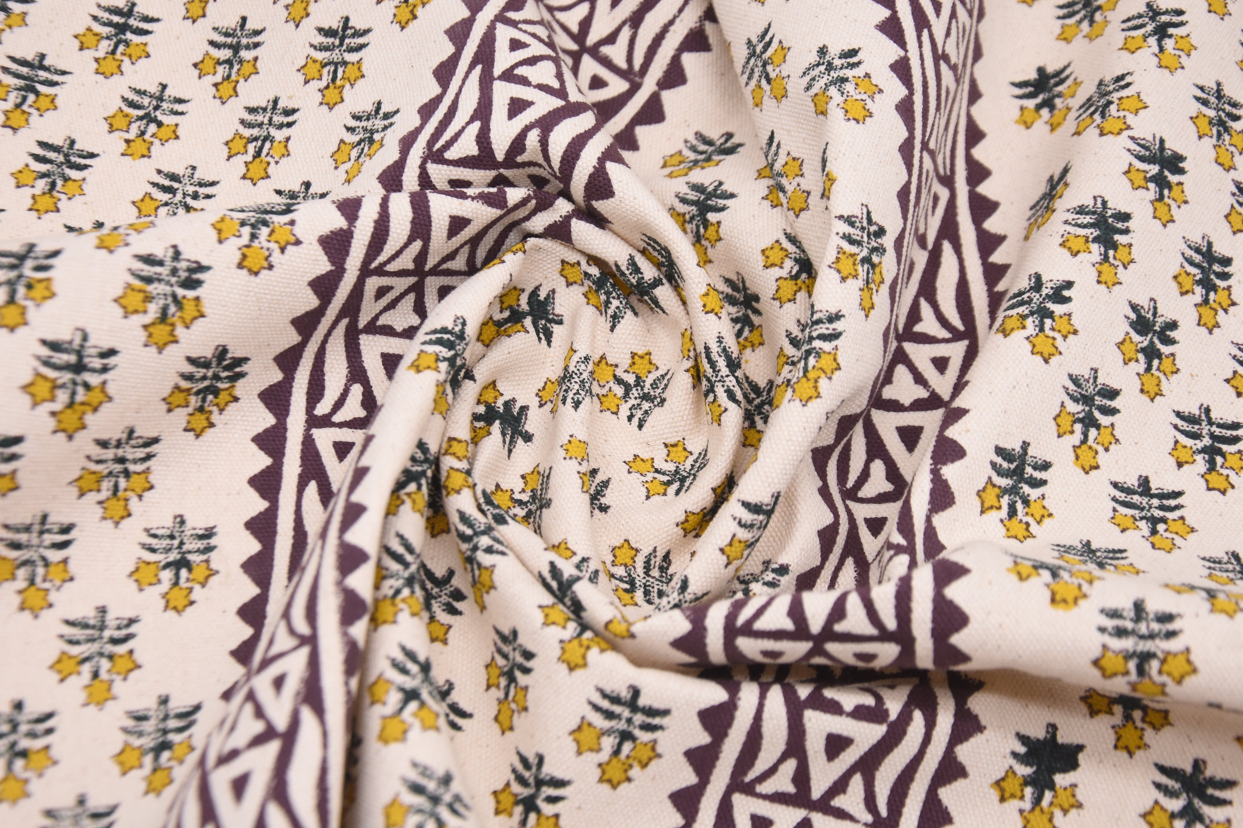 Block print duck canvas 50" wide, handmade art, cushion fabric, Indian block print, linen pillow covers - KESARIYA BORDER