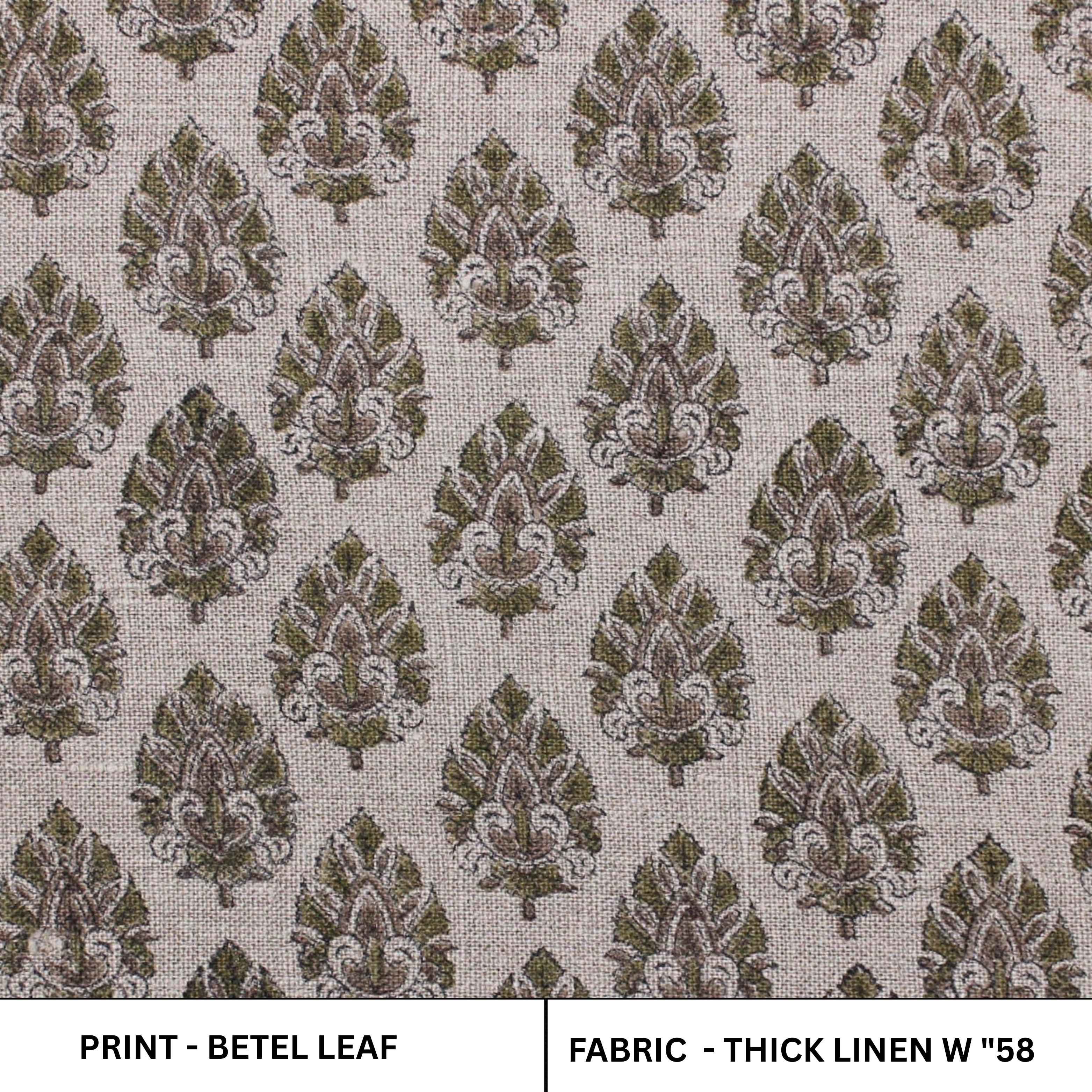 Handmade Throw Boho Block Printed Green Floral Fabric on Thick Linen For Sofa Decor - BETEL LEAF