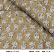 Handcrafted Throw Bronze and Gray Floral Block Printed Thick Linen Pure Fabric - TULSI BUTI