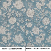 Bluish Floral Boho Throw Fabric in Handmade Block Printed Duck Canvas – Rameshwaram