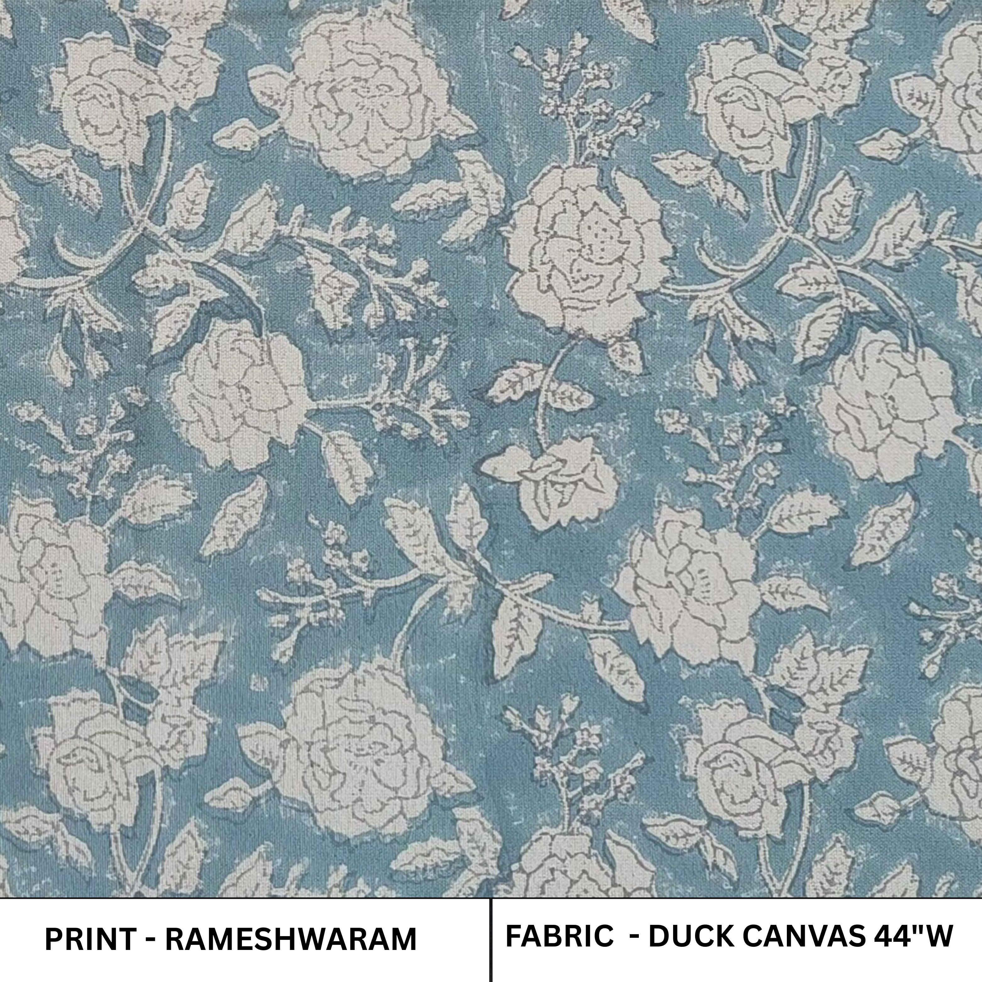 Bluish Floral Boho Throw Fabric in Handmade Block Printed Duck Canvas – Rameshwaram