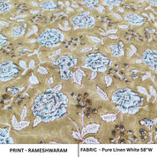Block Printed Blue Green Floral Pure Linen White Base Soft Elegant Fabric For Cushion - RAMESHWARAM