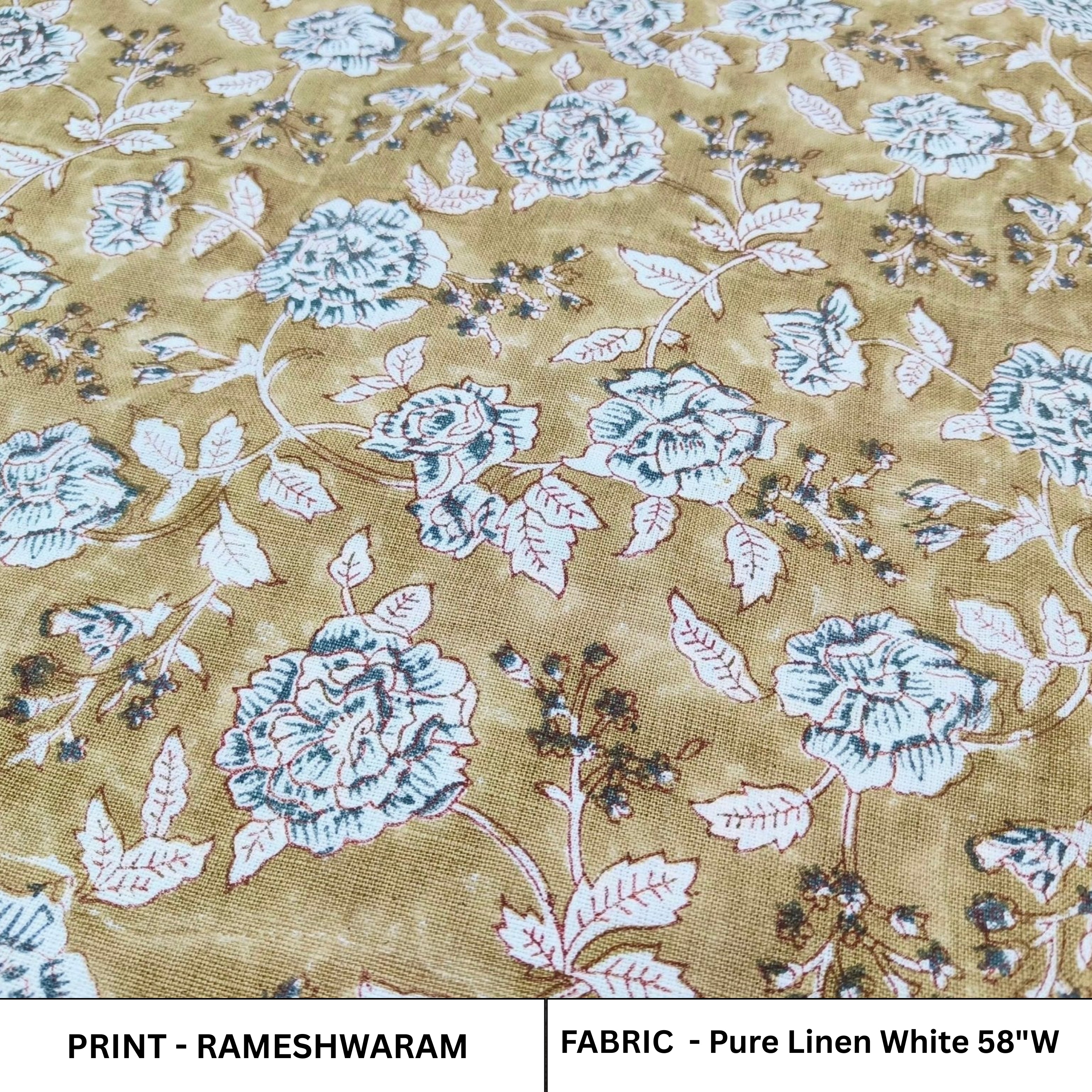 Block Printed Blue Green Floral Pure Linen White Base Soft Elegant Fabric For Cushion - RAMESHWARAM