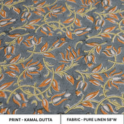 Traditional Orange & Green Leaf Block Printed Boho Throw Fabric in Pure Linen – Kamal Dutta