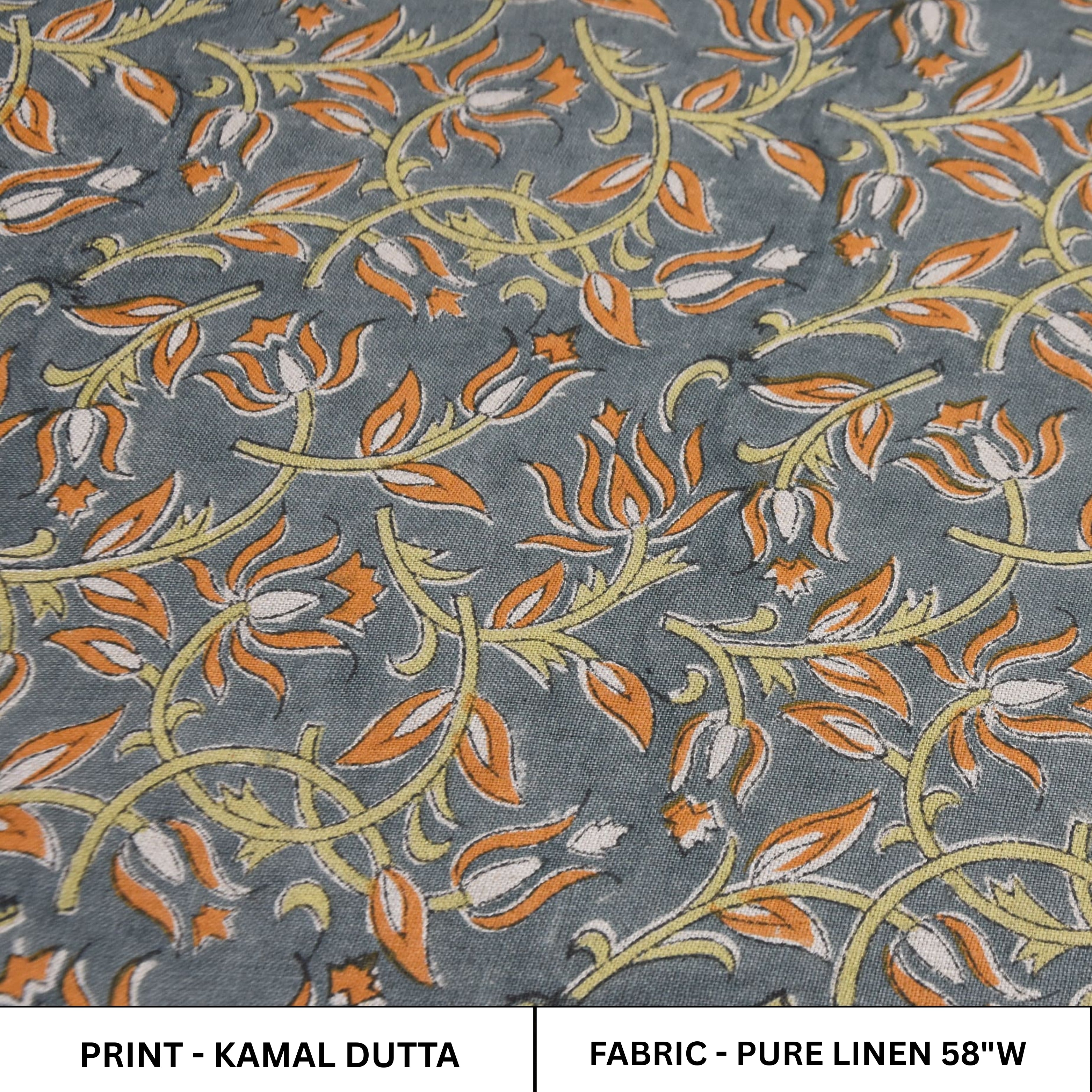 Traditional Orange & Green Leaf Block Printed Boho Throw Fabric in Pure Linen – Kamal Dutta