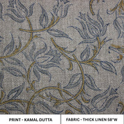 Indian Block Printed Blue & Green Floral Boho Throw in Thick Linen for Farmhouse Chic Fabric - KAMAL DUTTA