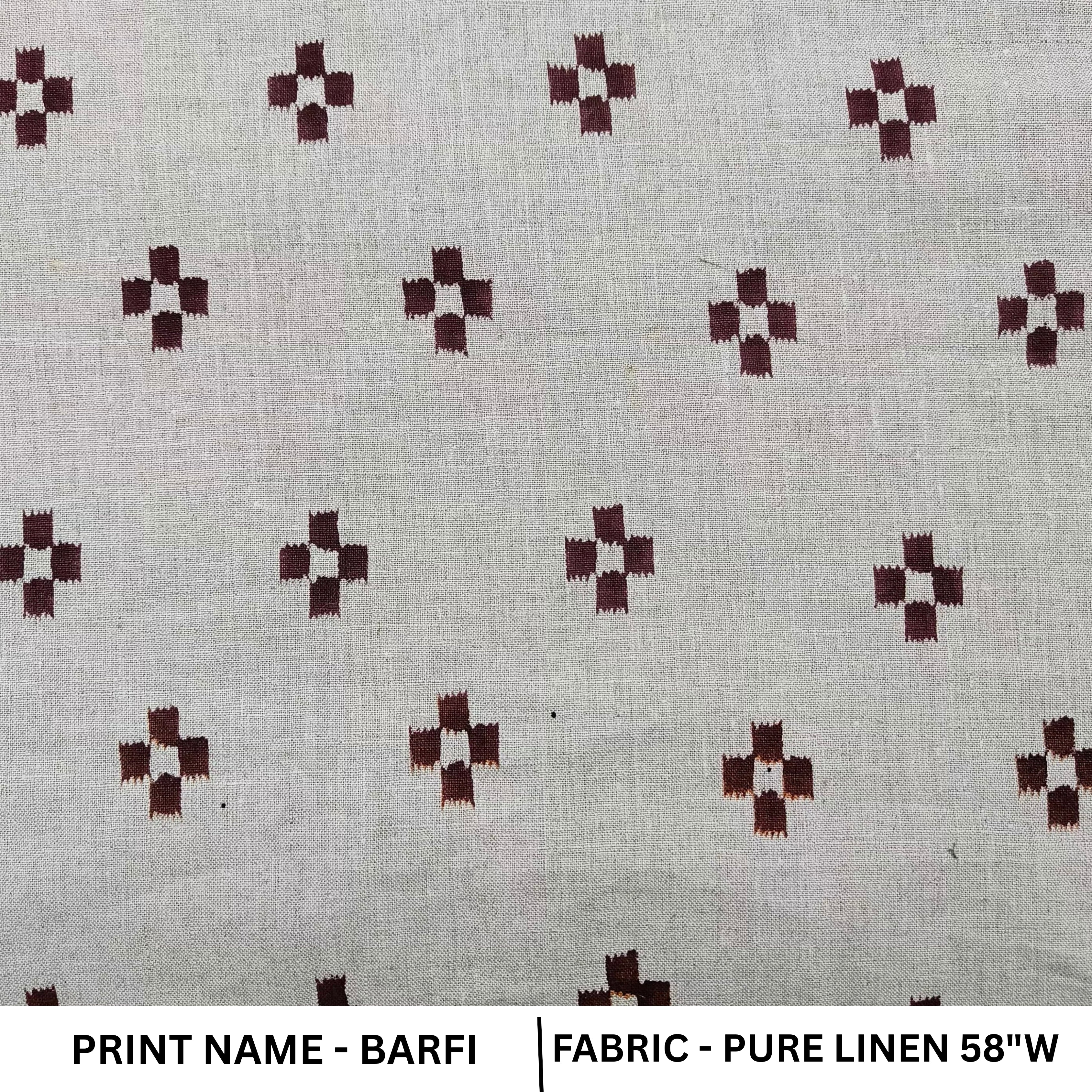 Patterned fabric with a checkered design on a white background, labeled 'Barfi' and 'Pure Linen 58"W'.