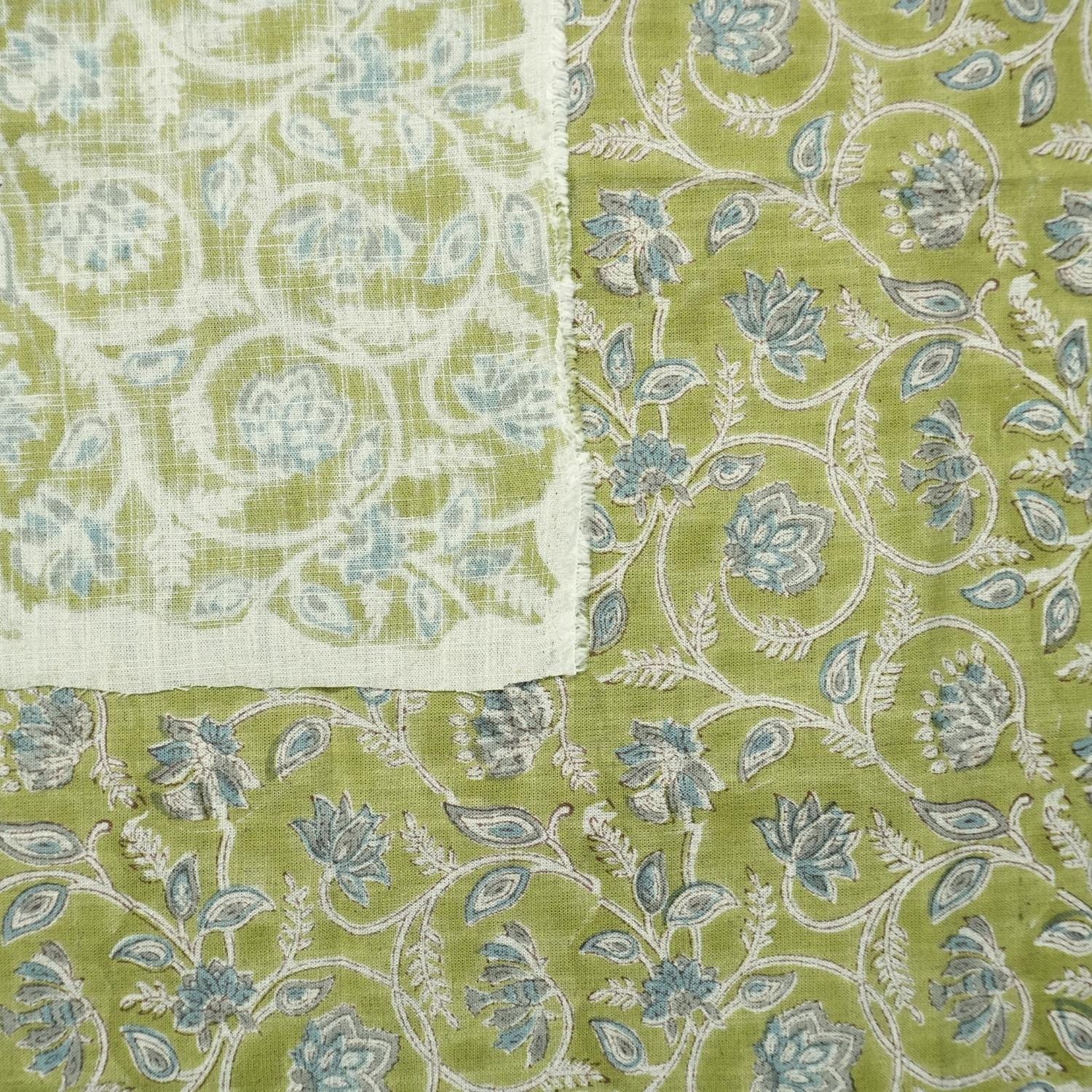 HAND BLOCK PRINTED GREEN FLORAL VISCOSE LINEN FABRIC FOR BOHO DECORATIVE PILLOW - SARASWATI