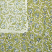 HAND BLOCK PRINTED GREEN FLORAL VISCOSE LINEN FABRIC FOR BOHO DECORATIVE PILLOW - SARASWATI