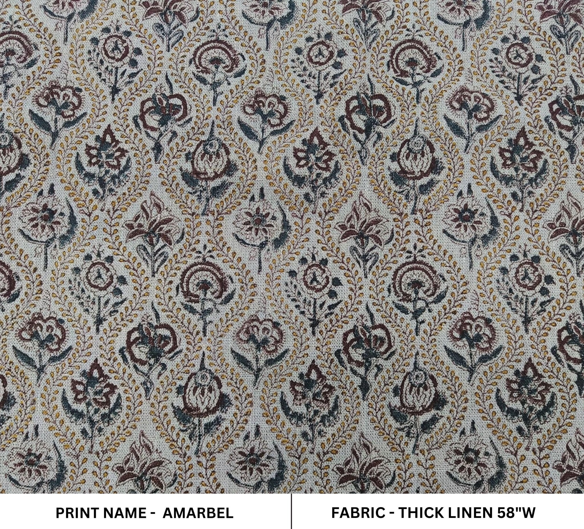 Amarbel  Sand Brown Floral Block Print Linen Fabric  Fabric By The Yard, Throw Pillow Cover Cushion Upholstery Cotton Linen