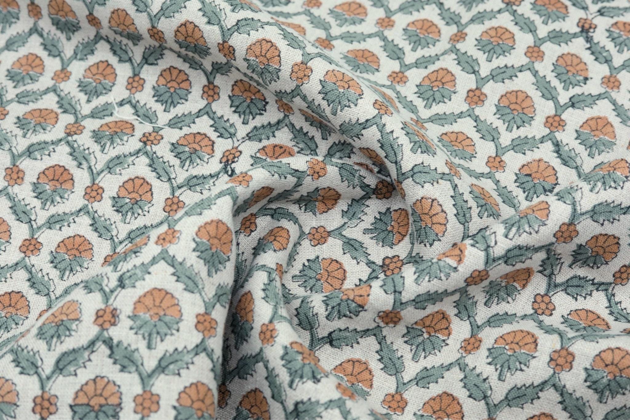 Linen Block Print Fabric 58 Inch Width Medium Weight Linen Natural Base With  Floral Color Curtains and Drapes Upholstery Pillow Covers Tablecloths and Runners Bedding Tote Bag Lampshades Napkins by Fabritual