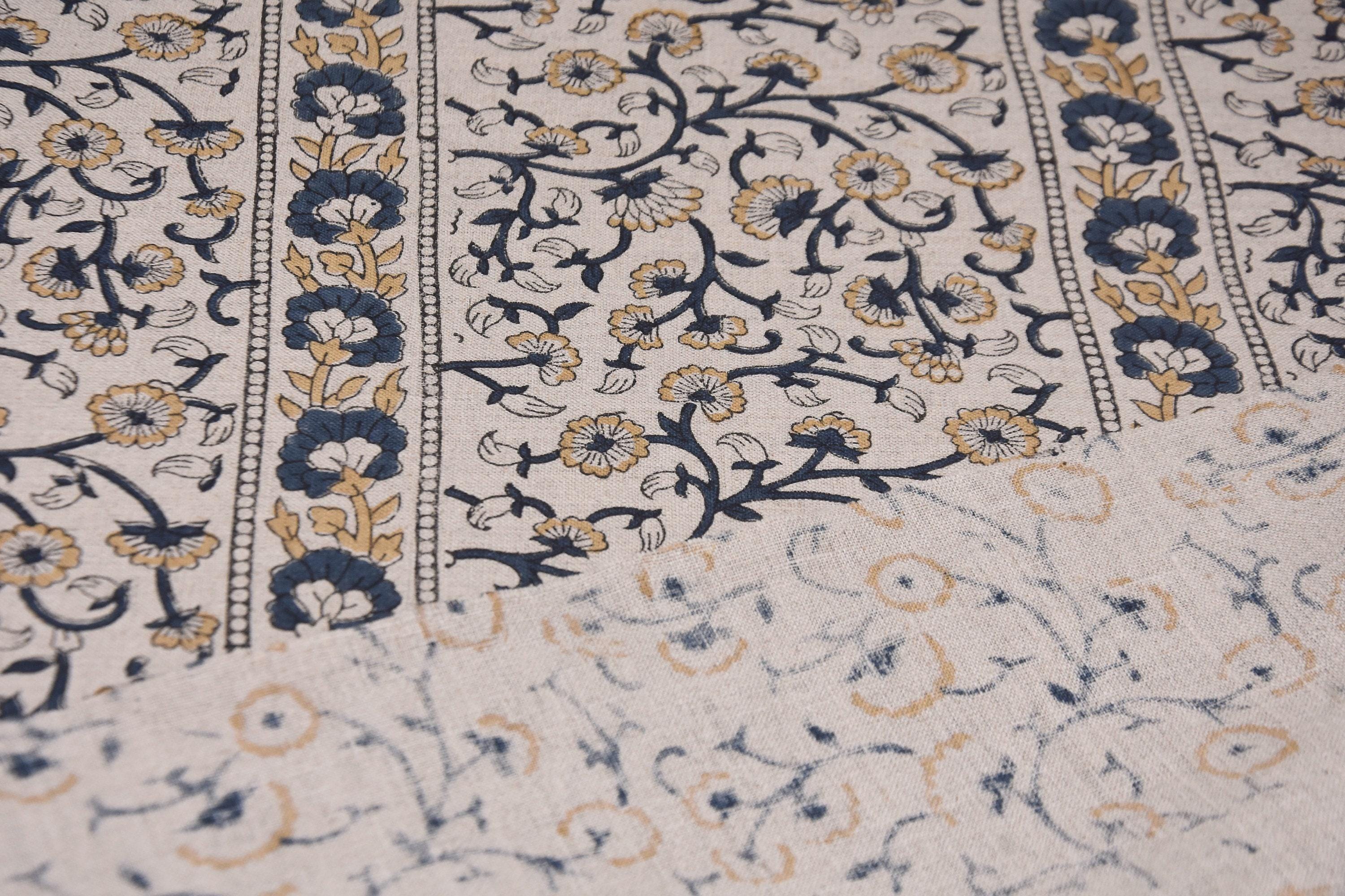 Linen Block Print Fabric 58" Width Medium Weight Linen Natural Base Color Curtains and Drapes Upholstery Pillow Covers Tablecloths and Runners  Lampshades Napkins by Fabritual