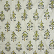 Handcrafted Pure Linen Green and Gray Leaf Floral Block Printed Fabric in Medium Weight Upholstery for Cushions - GULNAARI