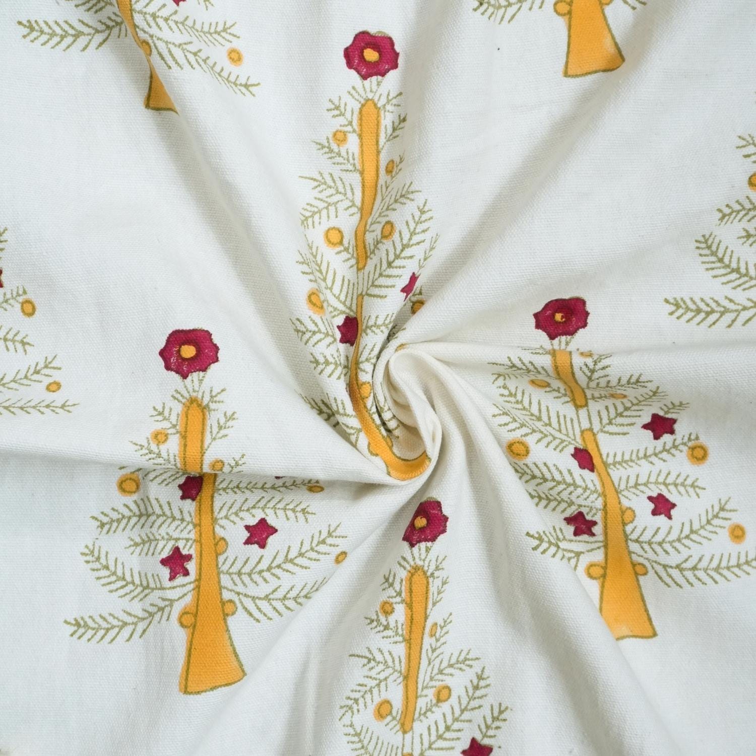 HAND BLOCK PRINT THICK COTTON WHITE FLORAL YELLOW CURTAIN AND PILLOWS FABRIC - CHRISTMAS TREE