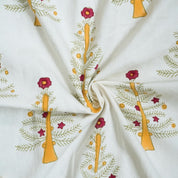 HAND BLOCK PRINT THICK COTTON WHITE FLORAL YELLOW CURTAIN AND PILLOWS FABRIC - CHRISTMAS TREE