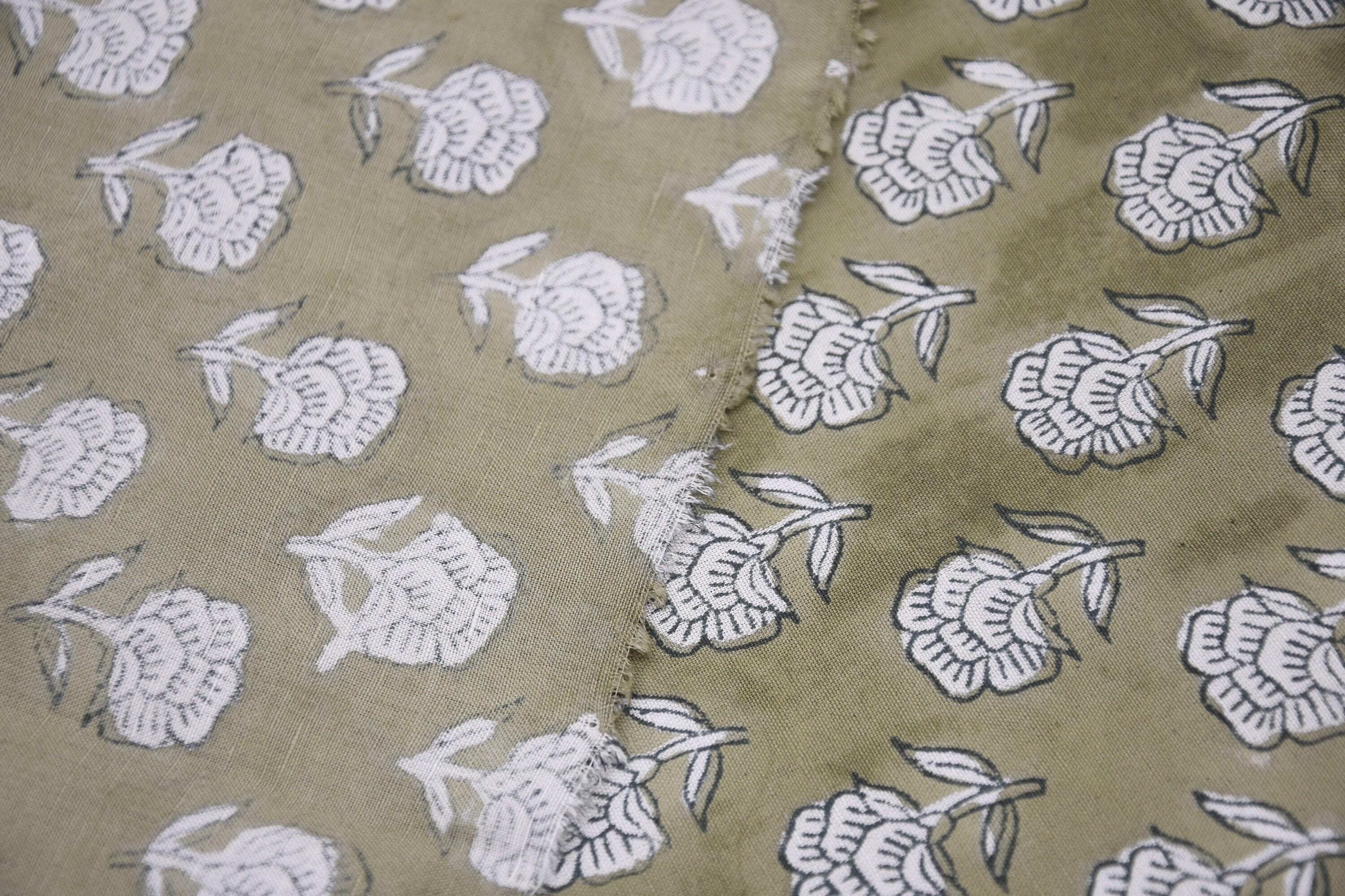 Indian Block Printed Handmade Viscose Linen 58" Wide Sage Green Floral Fabric for Sofa Covers – Rohini