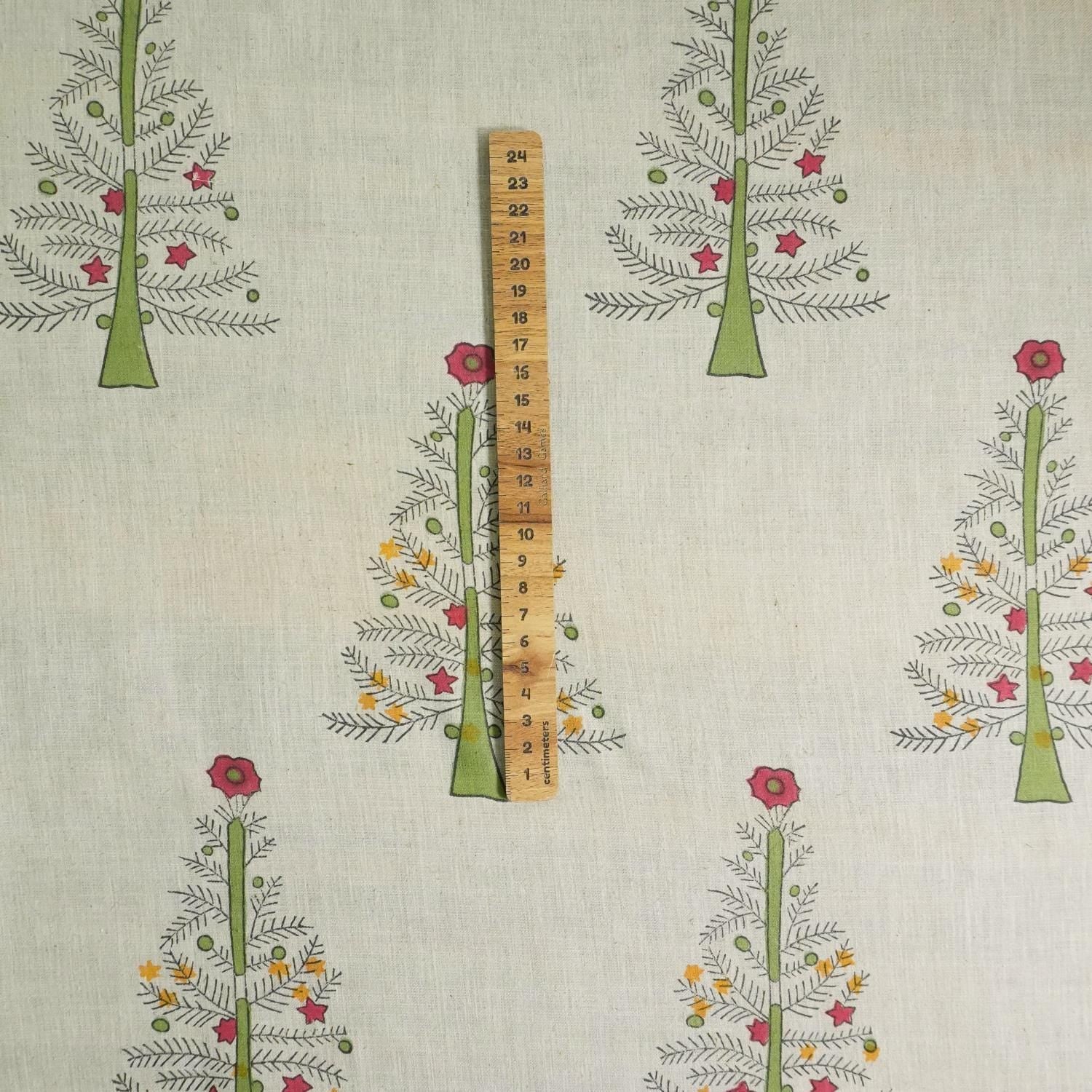 HANDMADE ART BLOCK PRINTED BEDROOM DECOR LINEN BLEND FABRIC GREEN FLORAL - CHRISTMAS TREE