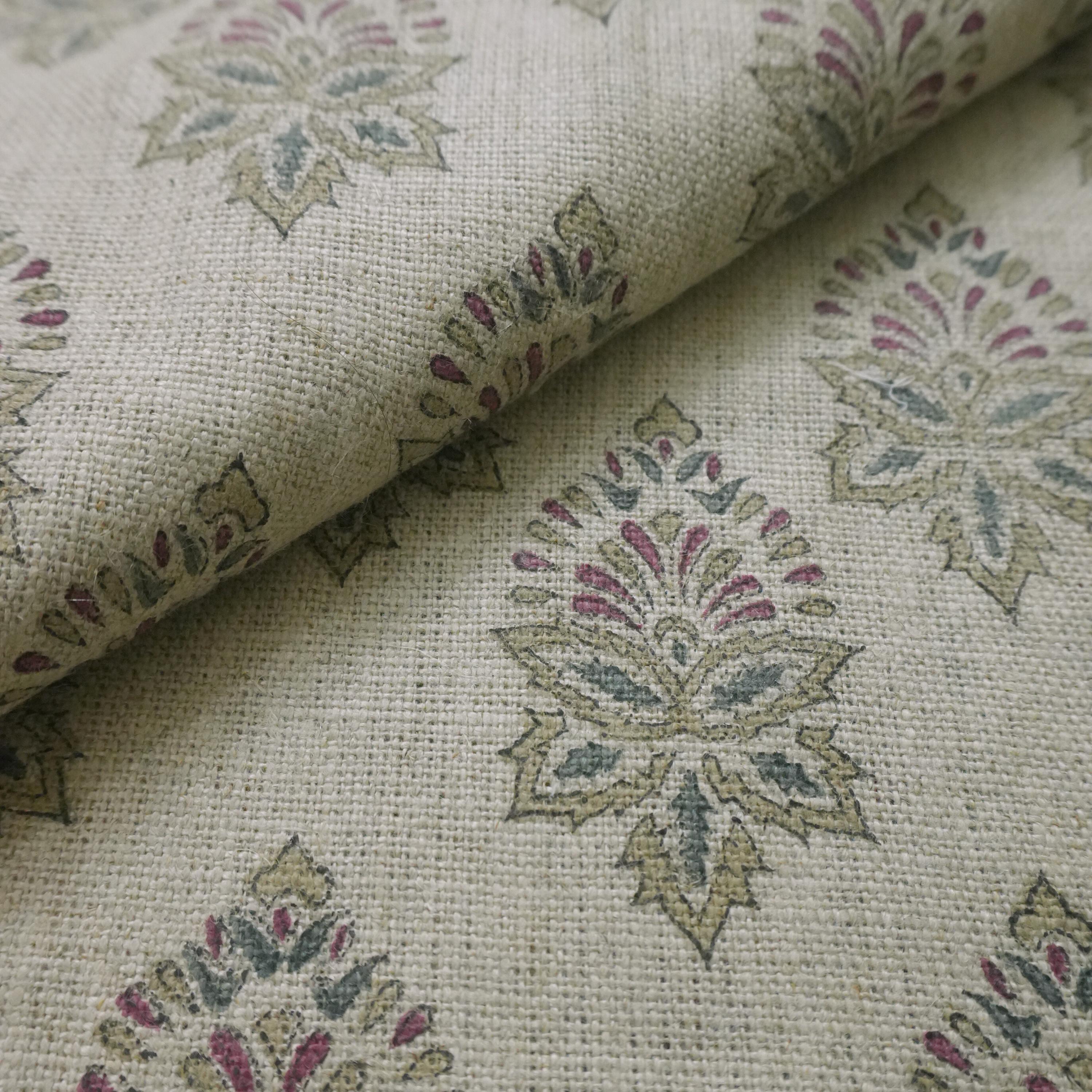 Linen Block Print Fabric 58 Inch Width Heavy Weight Linen Natural Base Color Curtains and Drapes Upholstery Handmade Art Pillow Covers Tablecloths and Runners Lampshades Napkins by Fabritual