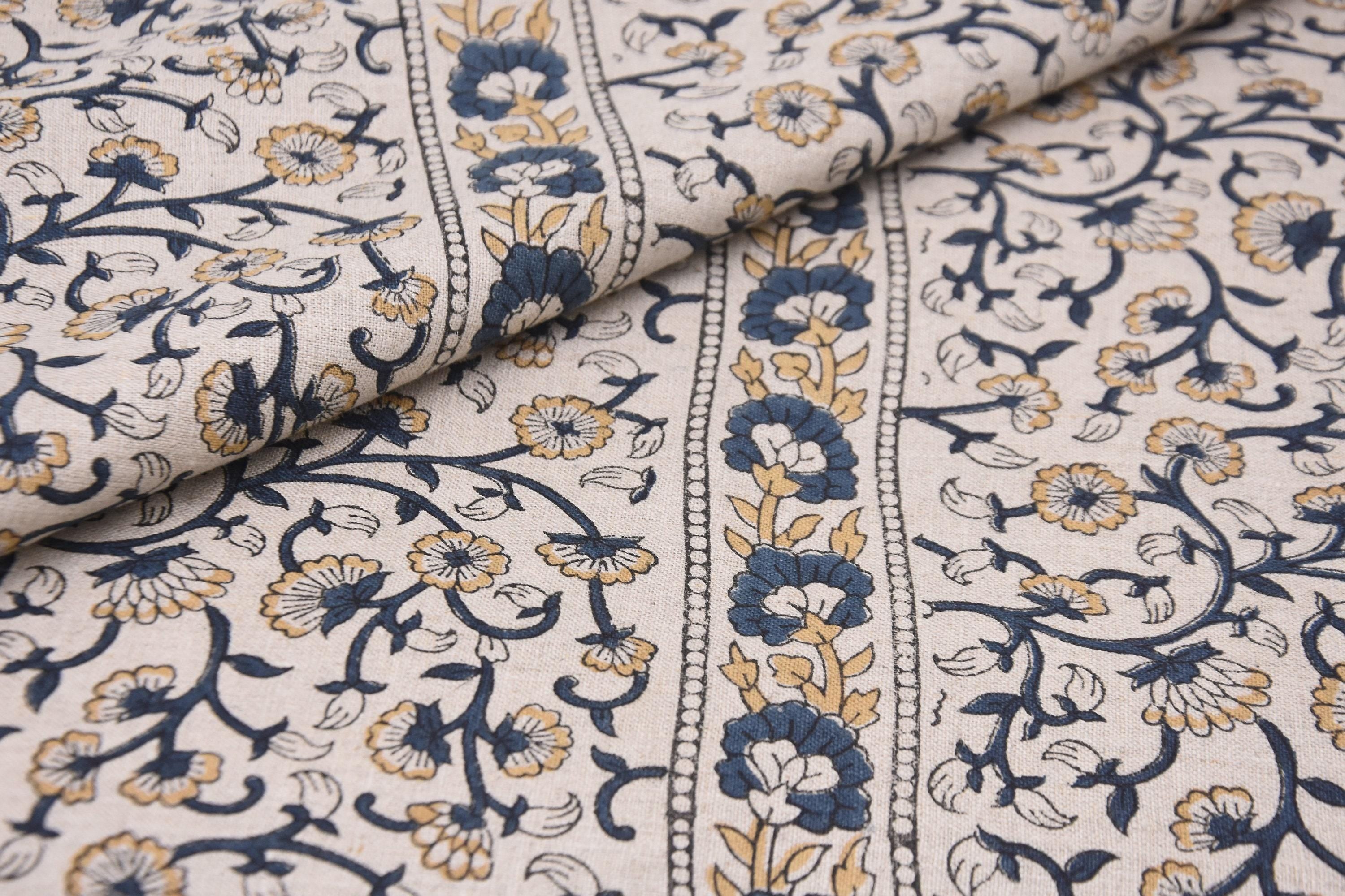Linen Block Print Fabric 58" Width Medium Weight Linen Natural Base Color Curtains and Drapes Upholstery  Tablecloths and Runners Bedding Tote Bag Lampshades Napkins by Fabritual