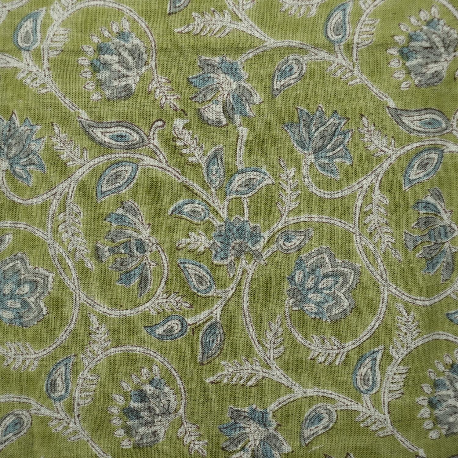 HAND BLOCK PRINTED GREEN FLORAL VISCOSE LINEN FABRIC FOR BOHO DECORATIVE PILLOW - SARASWATI