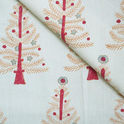 HANDMADE RED & YELLOW FLORAL THICK COTTON WHITE BLOCK PRINTED FABRIC FOR CUSHION AND PILLOWCASE - CHRISTMAS TREE