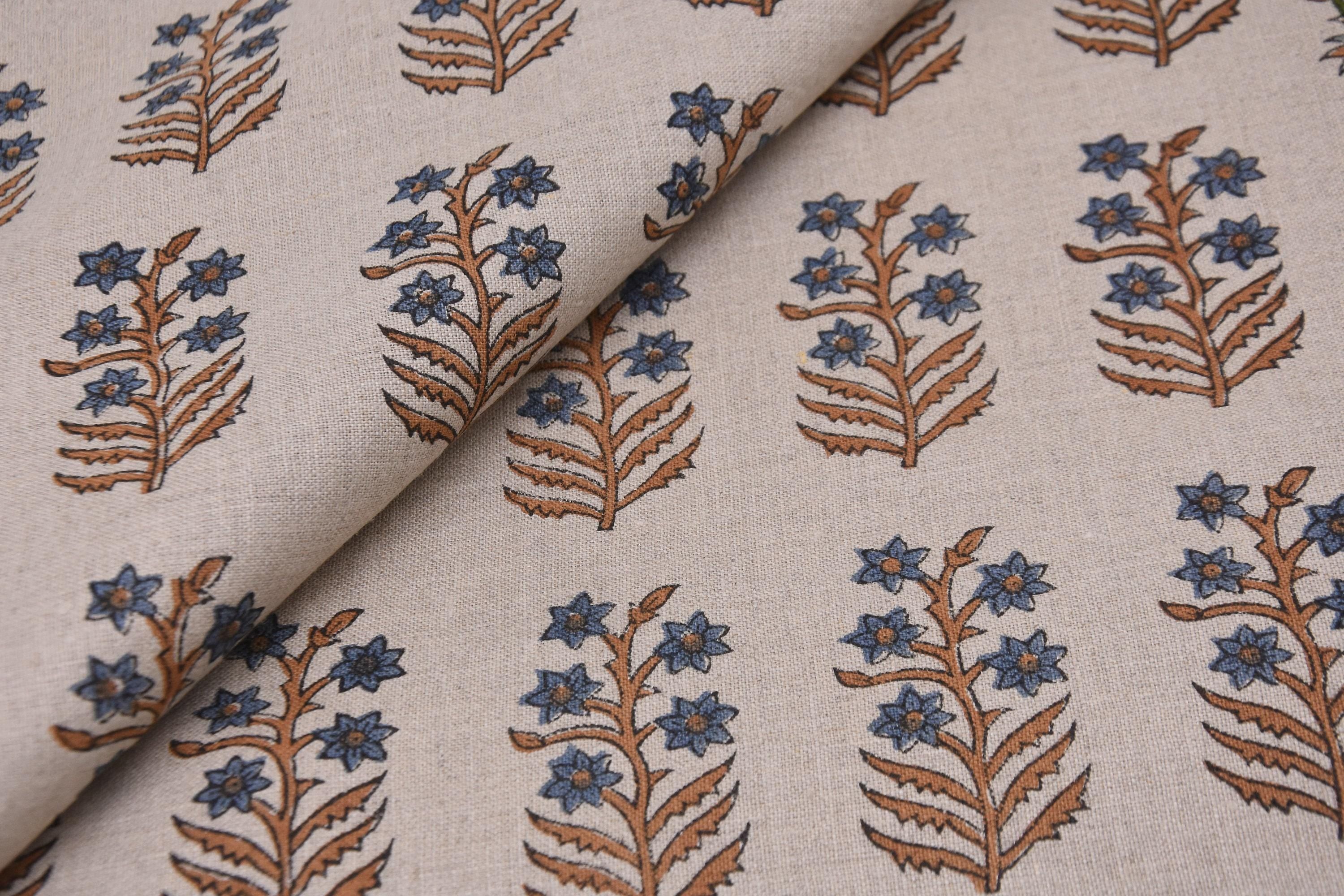 Linen Block Print Fabric 58 Inch Width Medium Weight Linen Natural Base Color Curtains and Drapes Upholstery Handmade Art Pillow Covers Tablecloths and Runners Bedding Tote Bag Lampshades Napkins by Fabritual